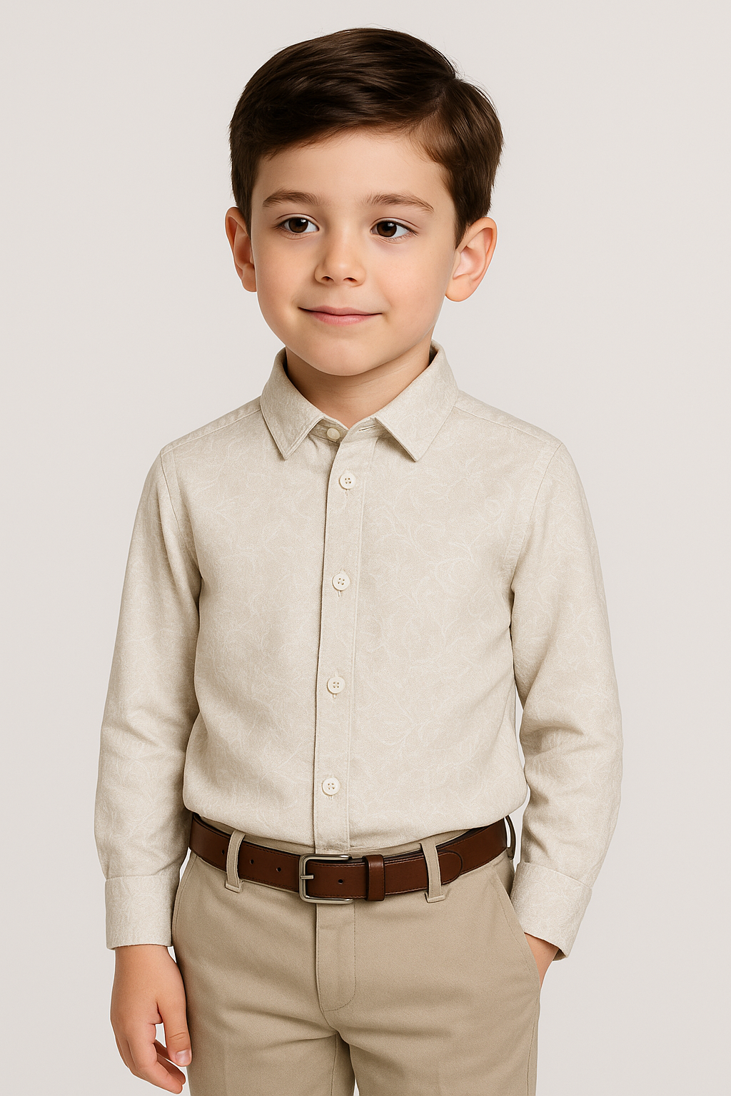 Boys Floral Patterned Slim Fit Fashion Shirt - Grey - Beige Model Picture