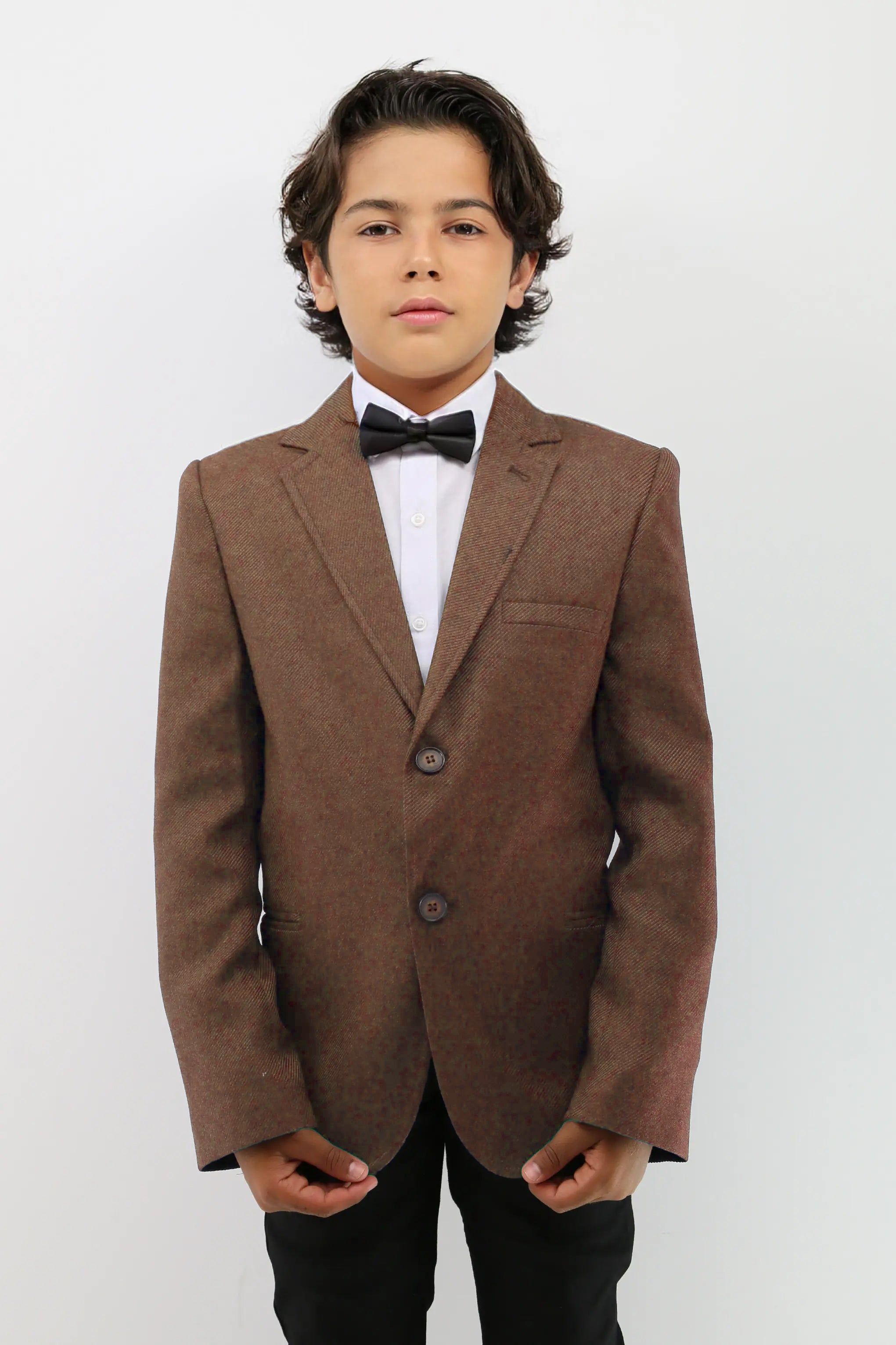 Boys' Formal Tan Brown Textured Blazer Jacket - Brown Model Picture