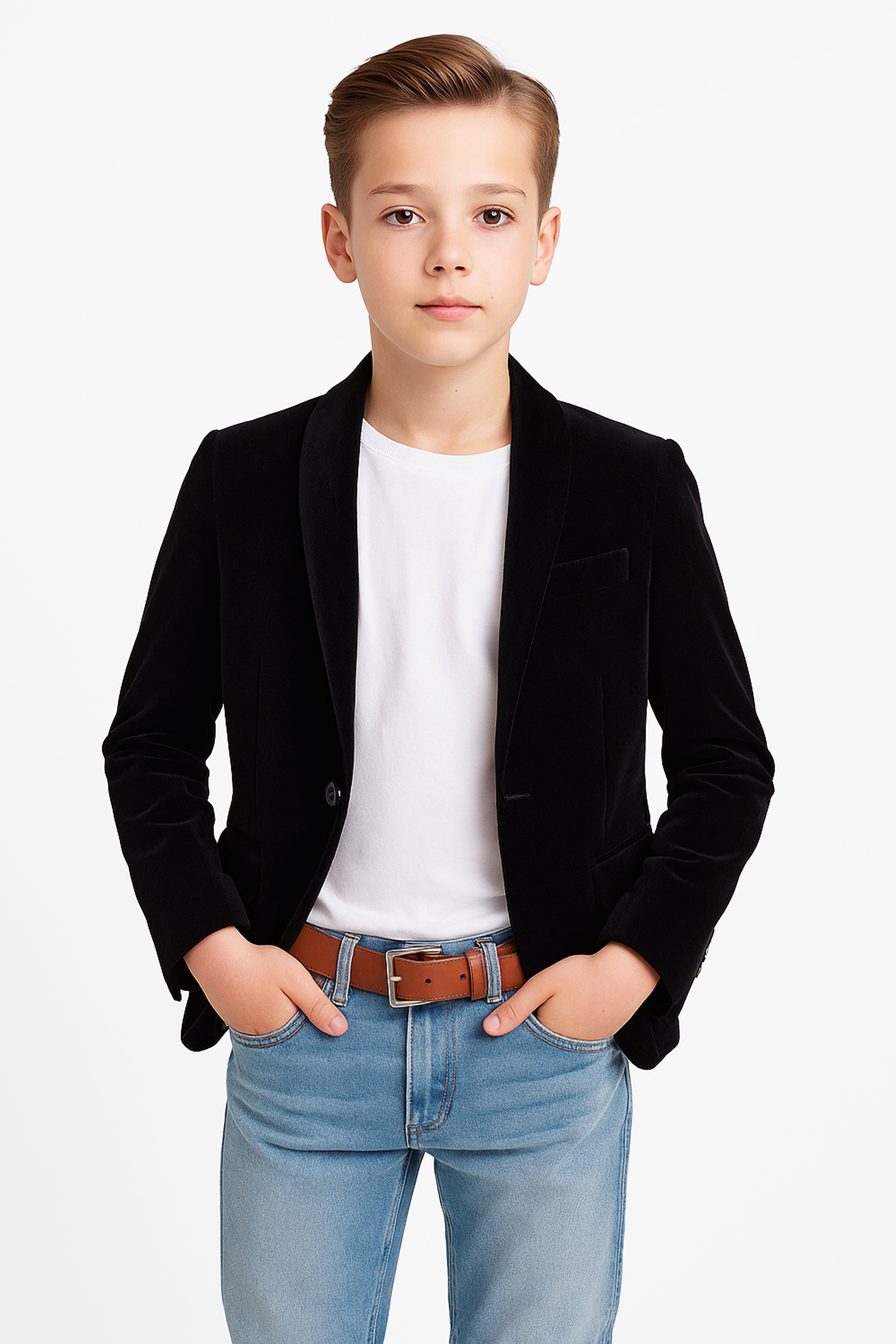 Boys Formal Velvet Blazer Jacket - Black Model Picture