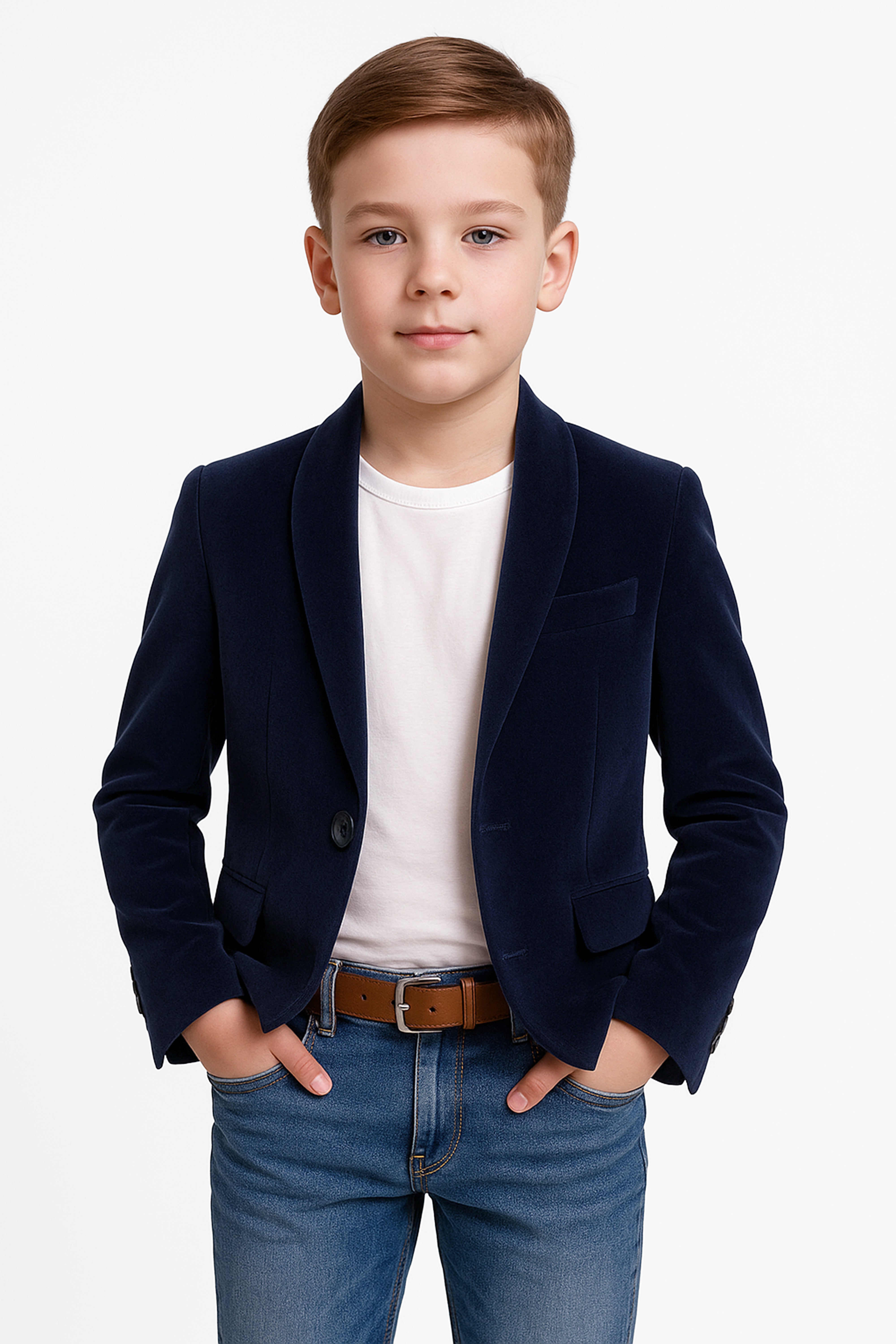 Boys Formal Velvet Blazer Jacket - Navy Blue Model Picture