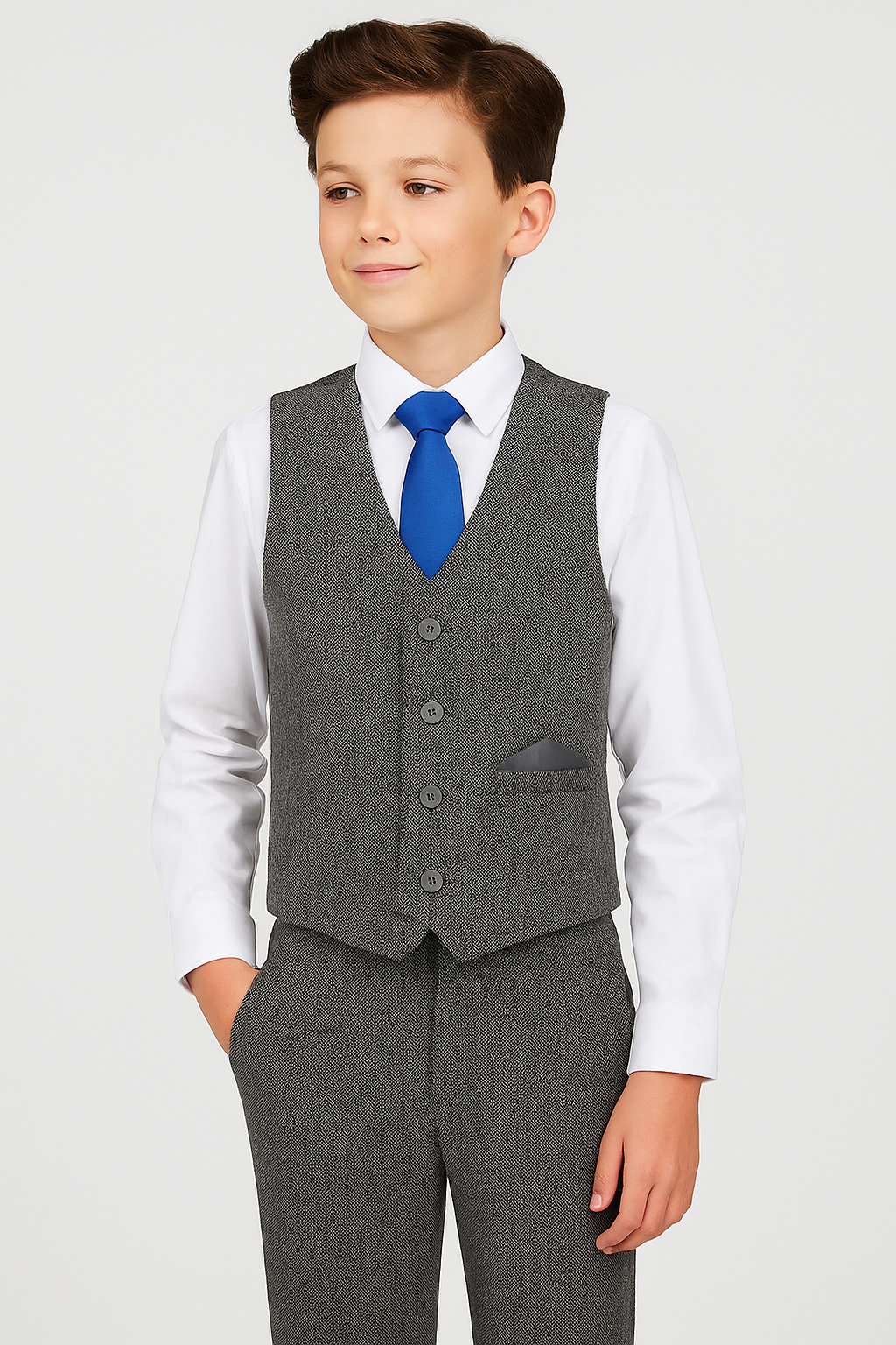 Boys Herringbone Tweed Waistcoat Suit Set - Dark Grey Model Picture