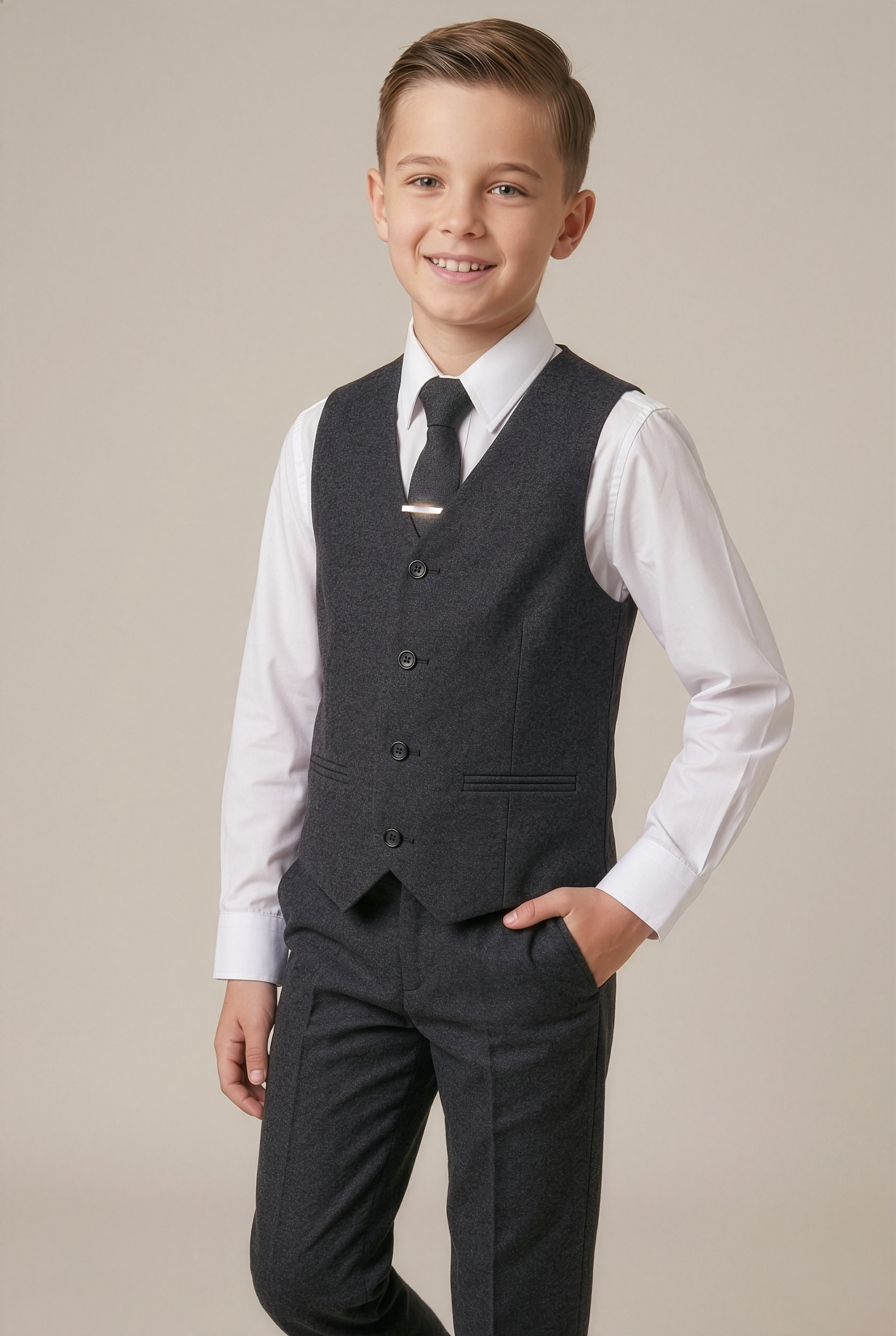 Abito grigio scuro su misura in tweed per ragazzi robusti - ADAM - Grigio scuro