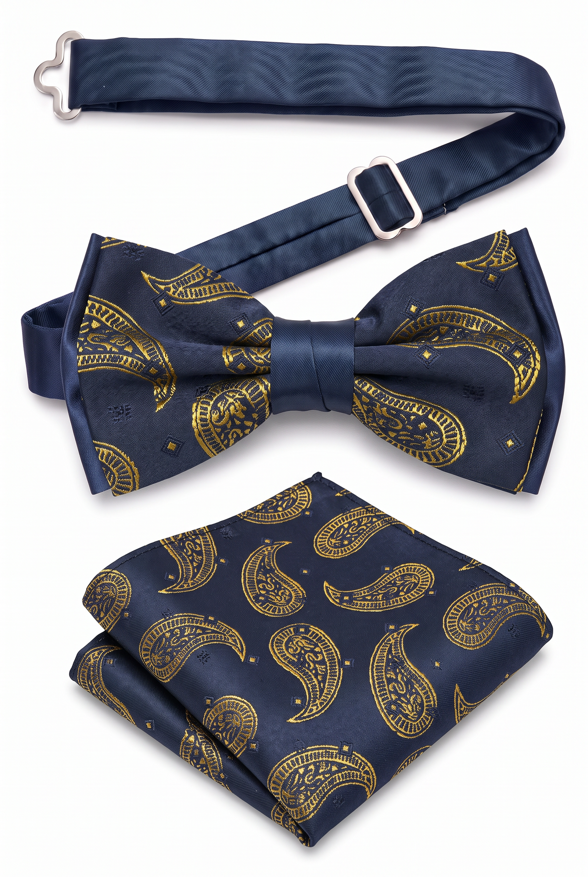 Ensemble nœud papillon et pochette à motif cachemire pour garçons et hommes - Bleu marine et or