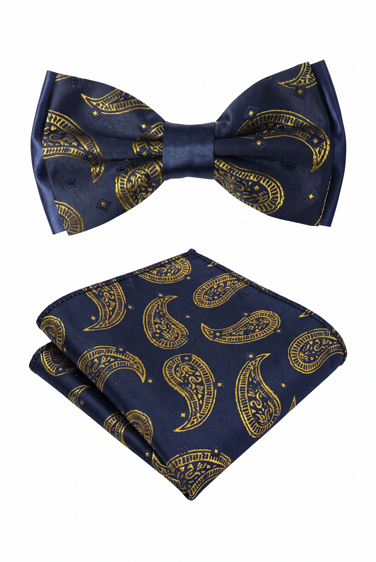 Ensemble nœud papillon et pochette à motif cachemire pour garçons et hommes - Bleu marine et or