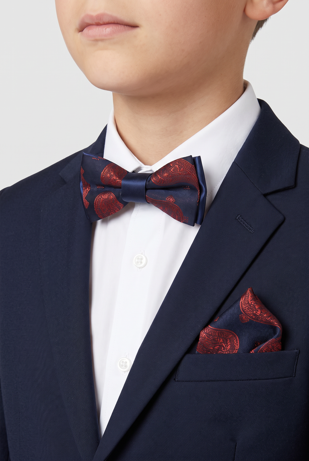 Nœud papillon cachemire pour garçon et homme ou ensemble nœud papillon et pochette - Bleu marine et Rouge