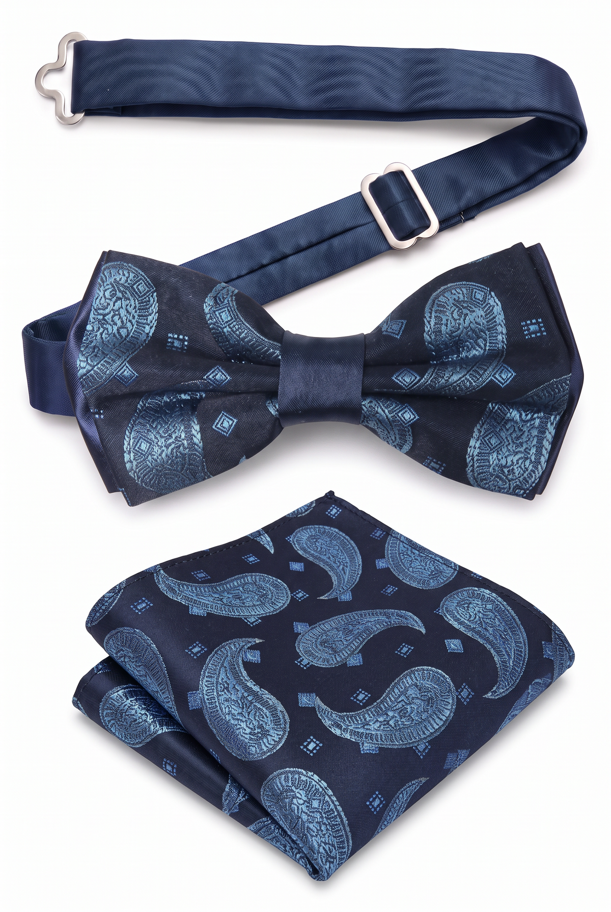 Conjunto de pajarita y pañuelo de bolsillo de cachemira para niños y hombres - azul marino y Azul