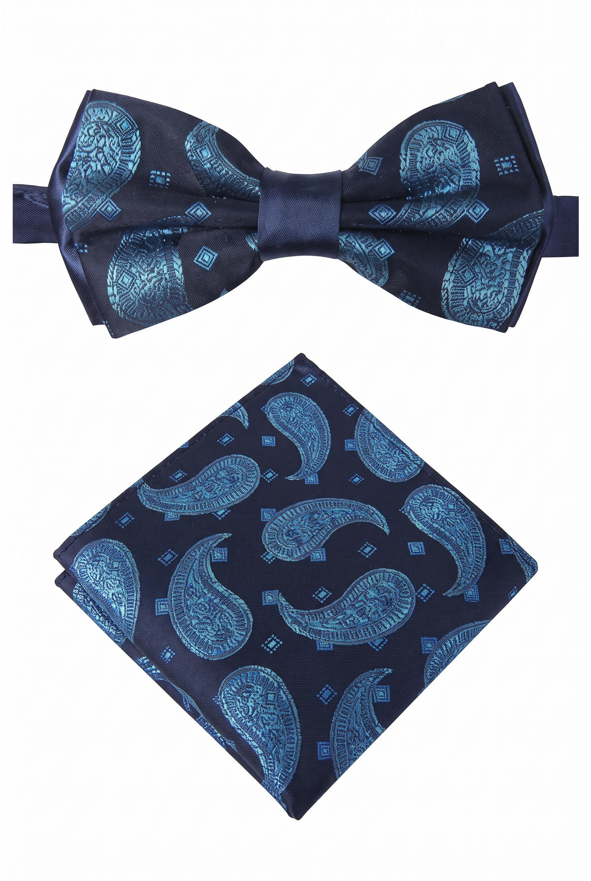 Conjunto de pajarita y pañuelo de bolsillo de cachemira para niños y hombres - azul marino y Azul