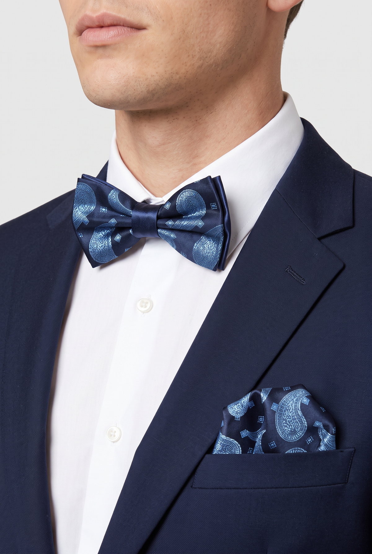 Nœud papillon à motif cachemire pour garçon et homme ou ensemble nœud papillon et pochette - bleu marine et Bleu