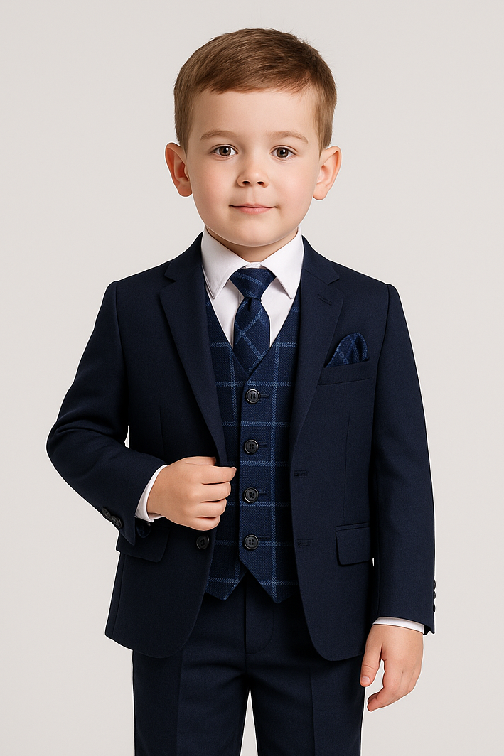 Boys Navy with Tweed Check Waistcoat Suit Set - Navy Blue