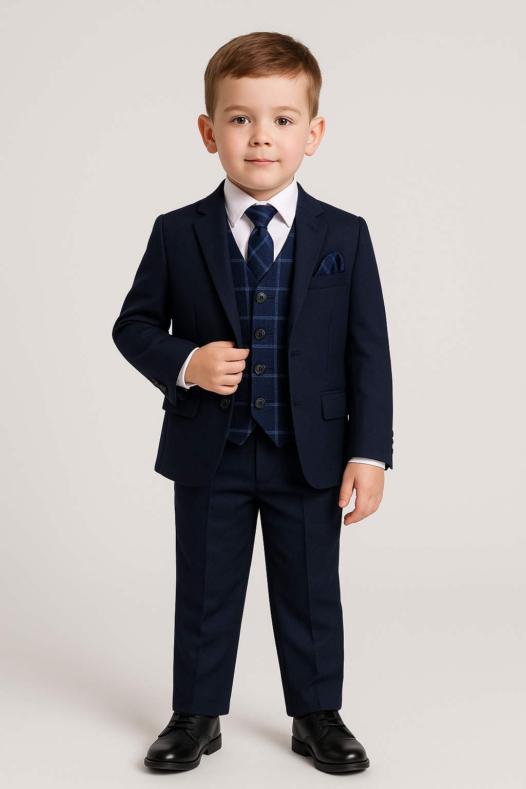 Boys Navy with Tweed Check Waistcoat Suit Set - Navy Blue