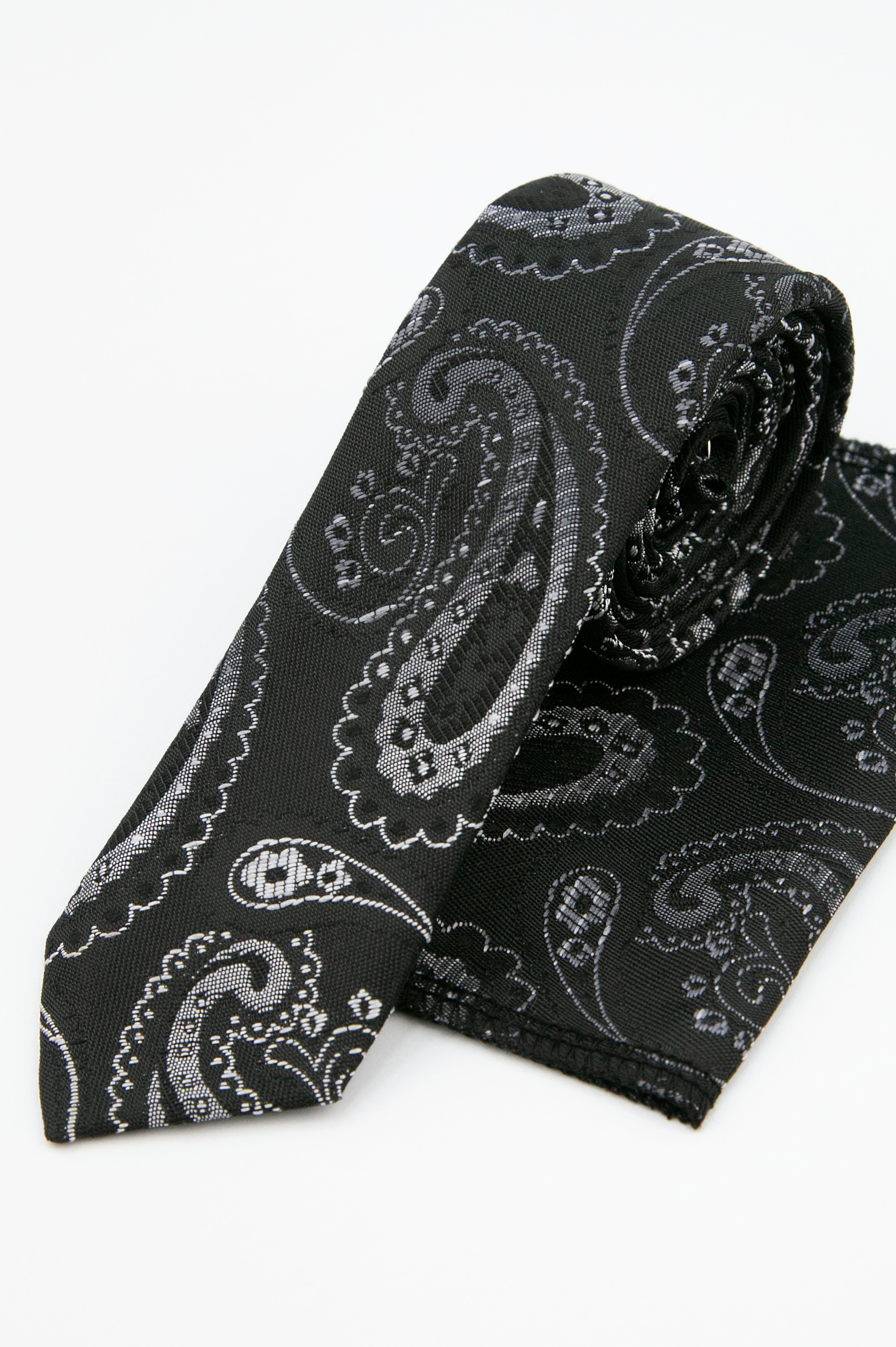 Boys’ Paisley Slim Tie & Pocket Square Set - Black and Silver Set Picture