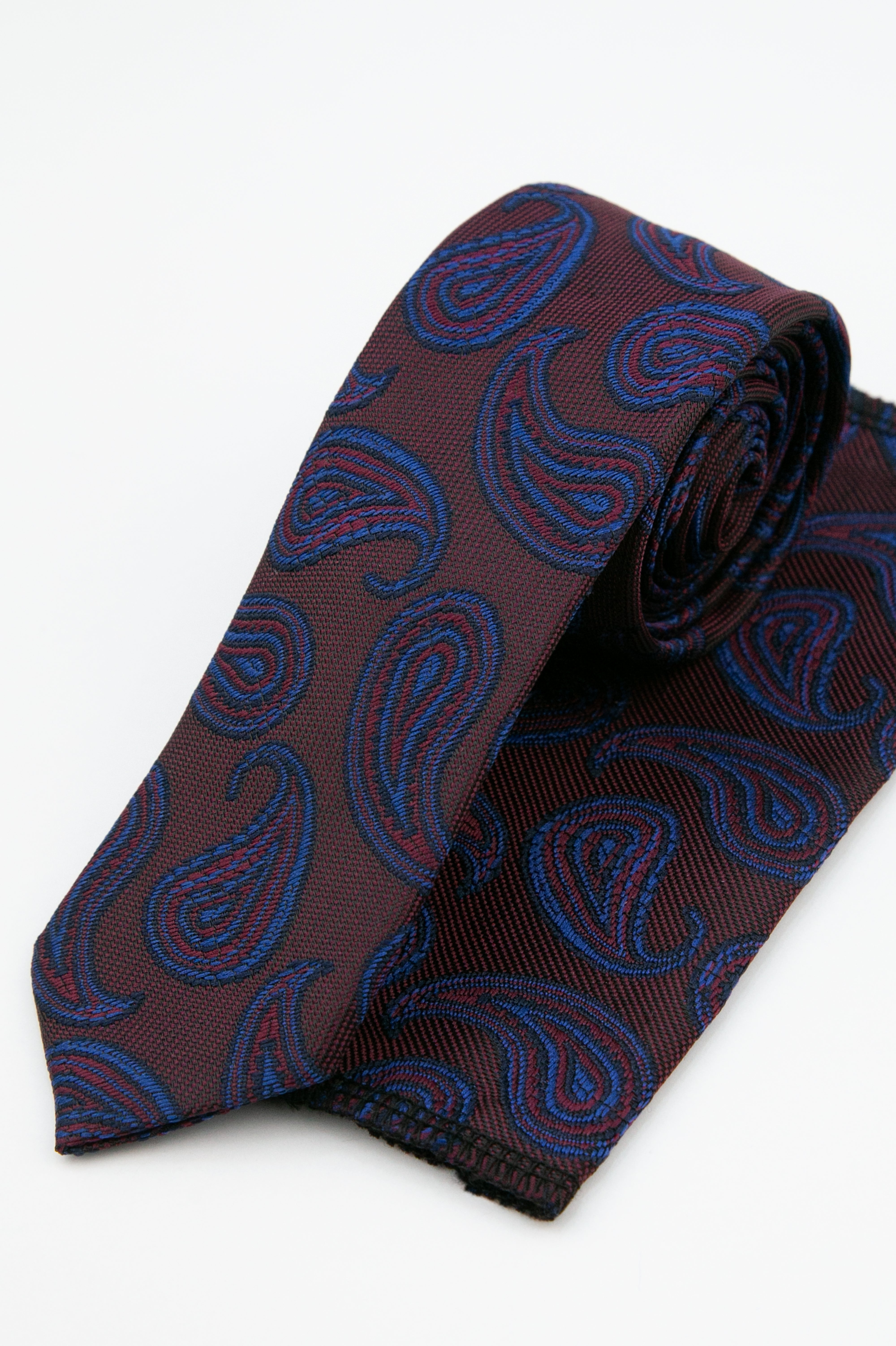 Boys’ Paisley Slim Tie & Pocket Square Set - Burgundy and Navy Set Picture