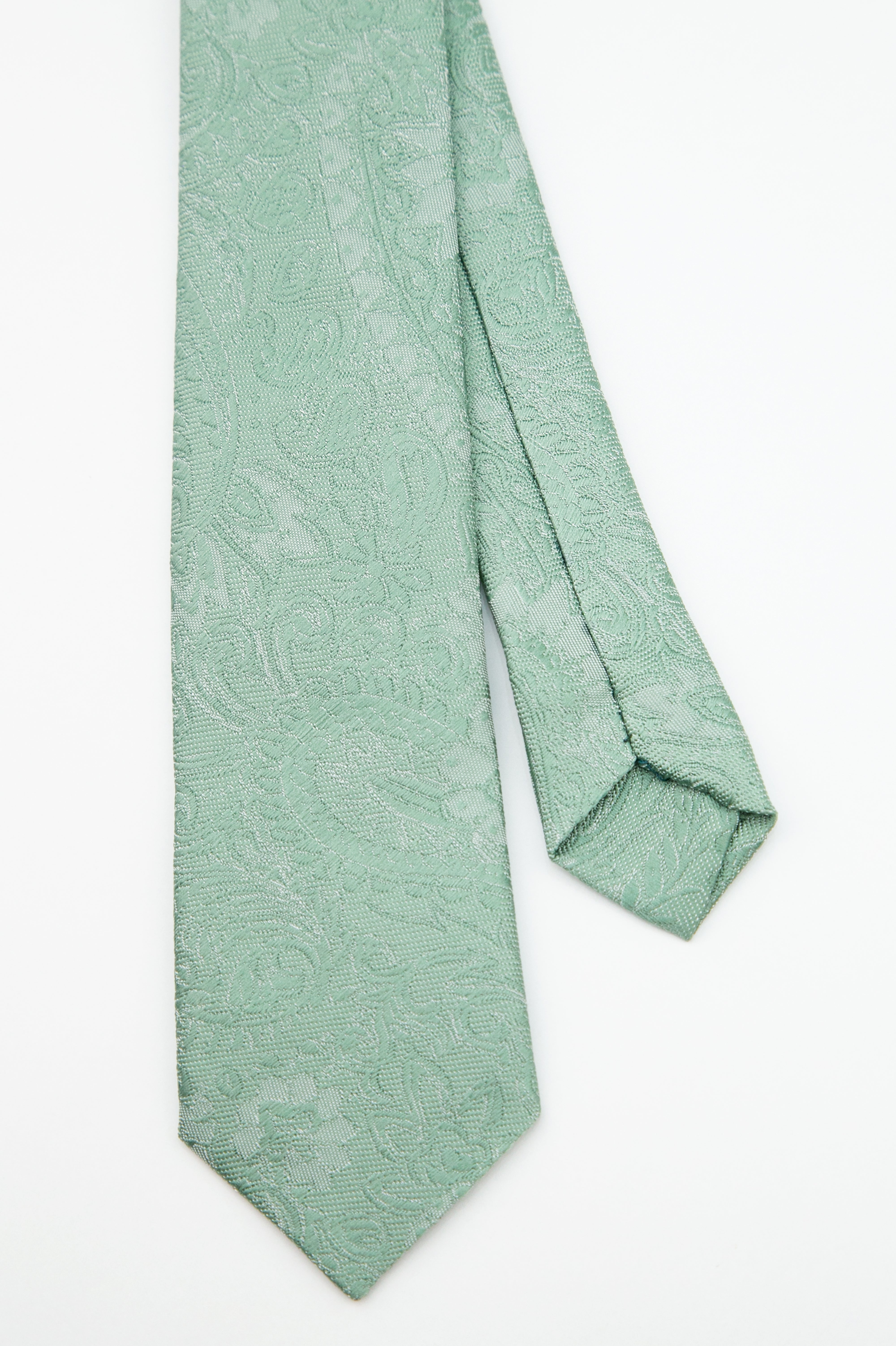 Boys’ Pastel Paisley Slim Tie & Pocket Square Set - Green Front and Back Picture