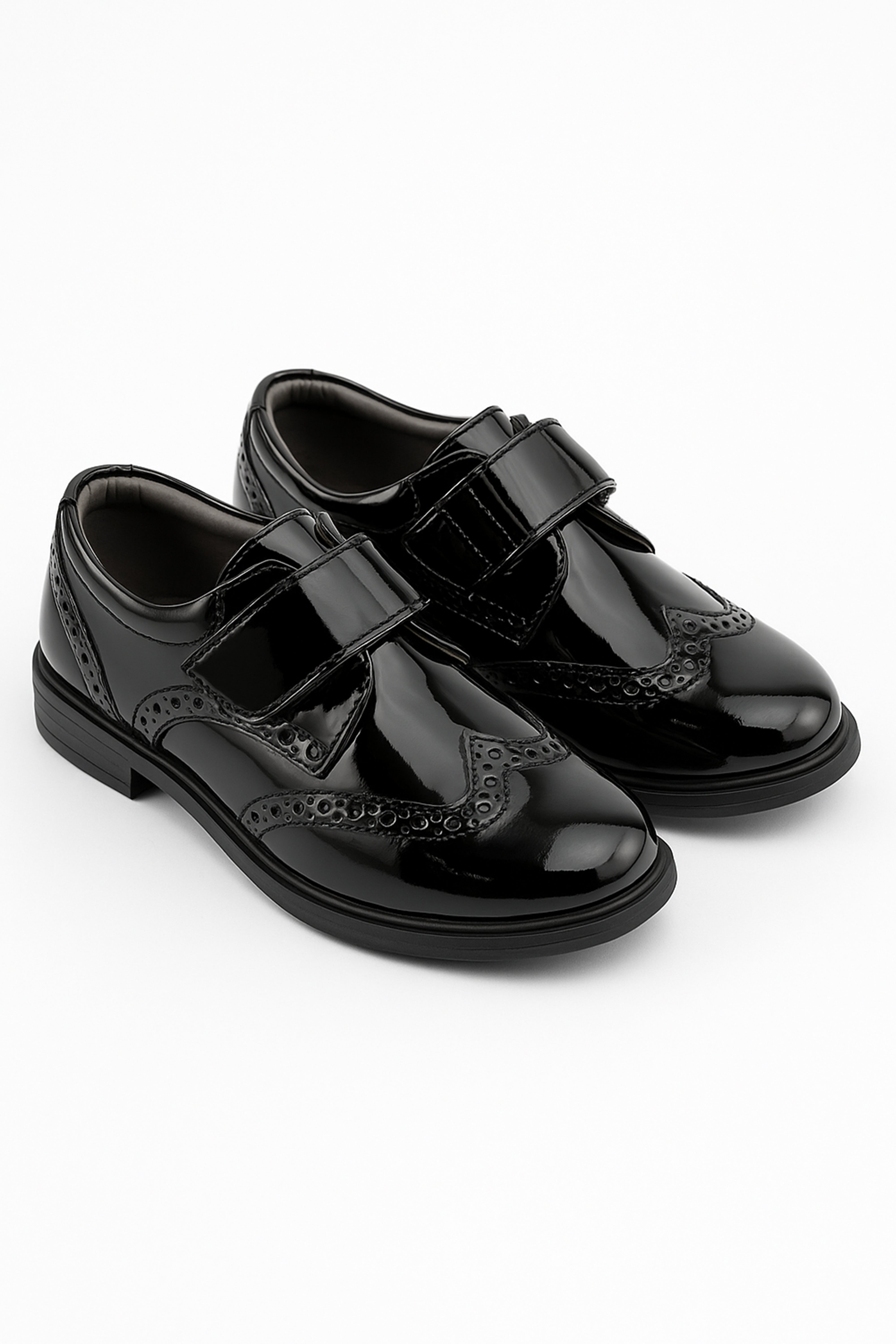 Boys Patent  Brogue Velcro Dress Shoes - Black Pair Side Picture