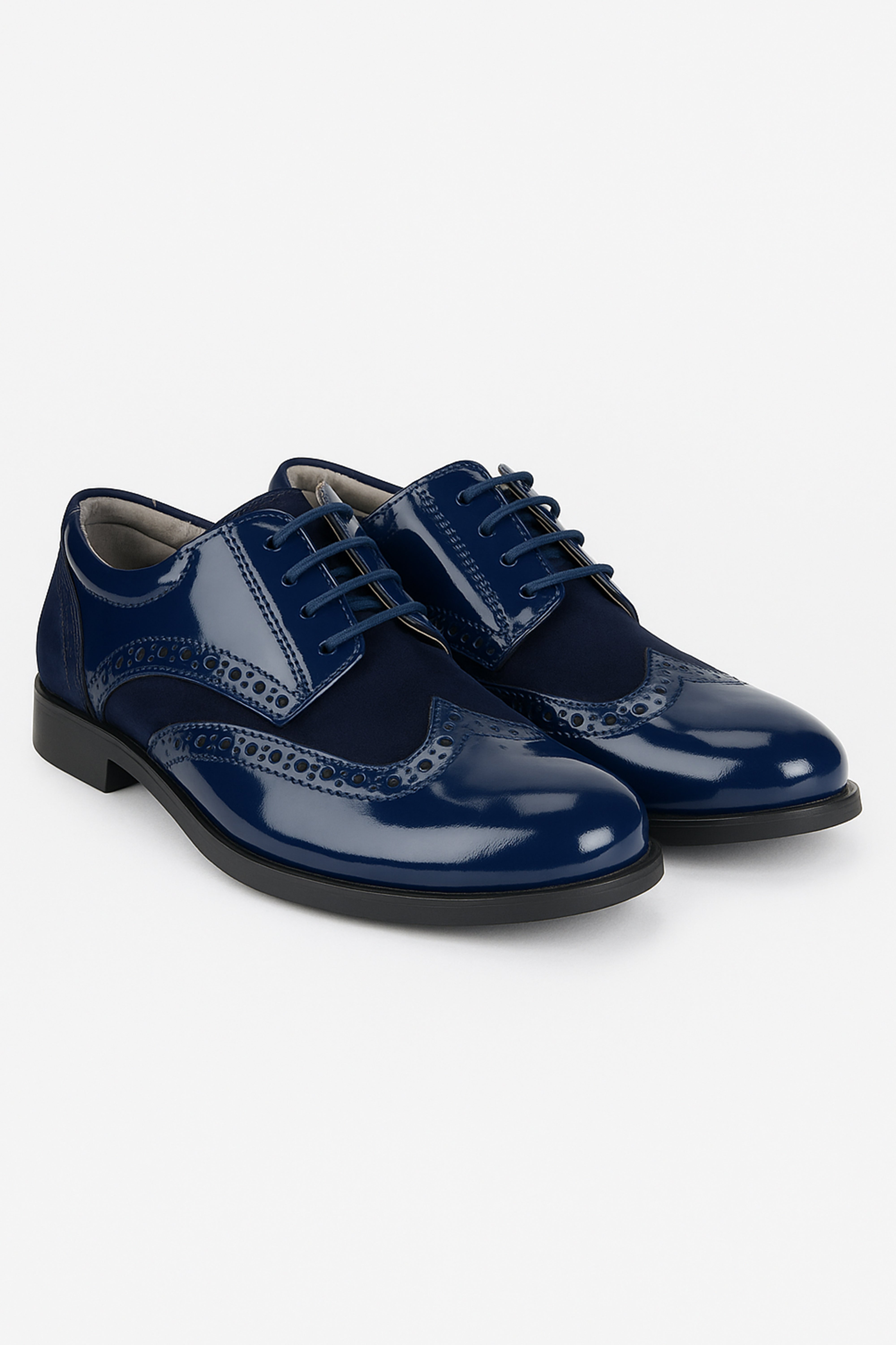 Boys Patent Leather & Suede Lace Up Brogue Derby Shoes - Navy Blue Pair Side Picture