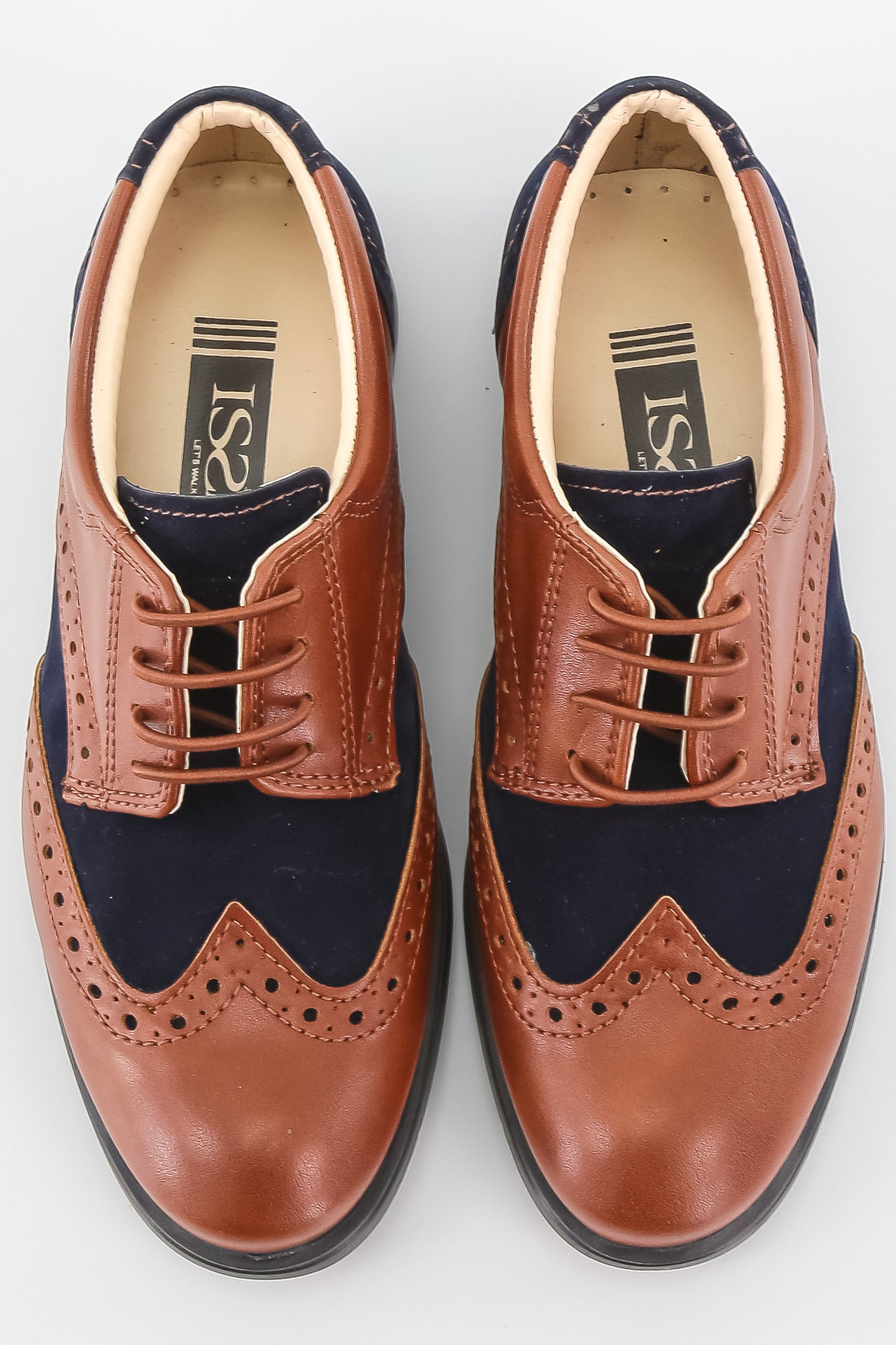 Jungen Lackleder & Wildleder Schnür-Brogue Derby Schuhe - Tan Braun - Navyblau