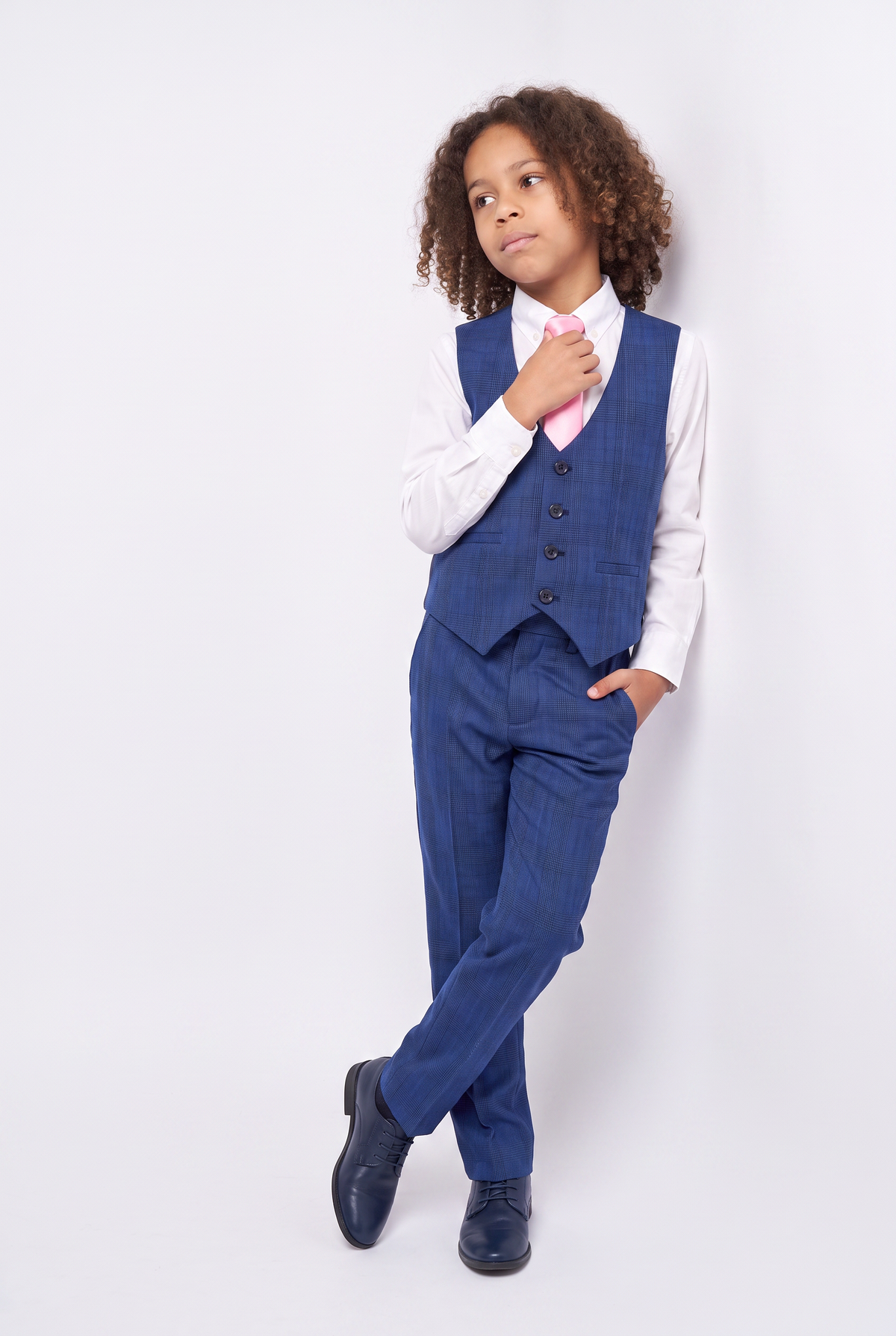 Costume bleu à carreaux pour garçon, coupe ajustée - LIONEL - Bleu moyen