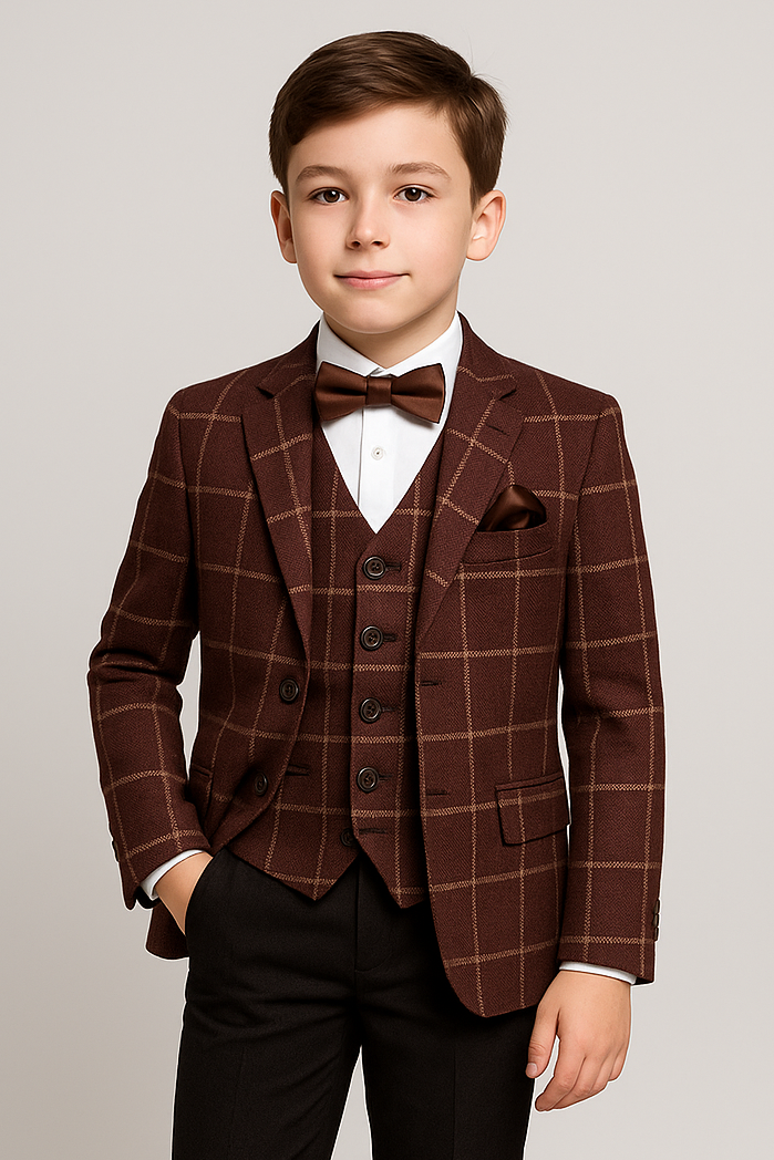 Costume à Carreaux Windowpane Tailored Fit pour Garçons - Marron