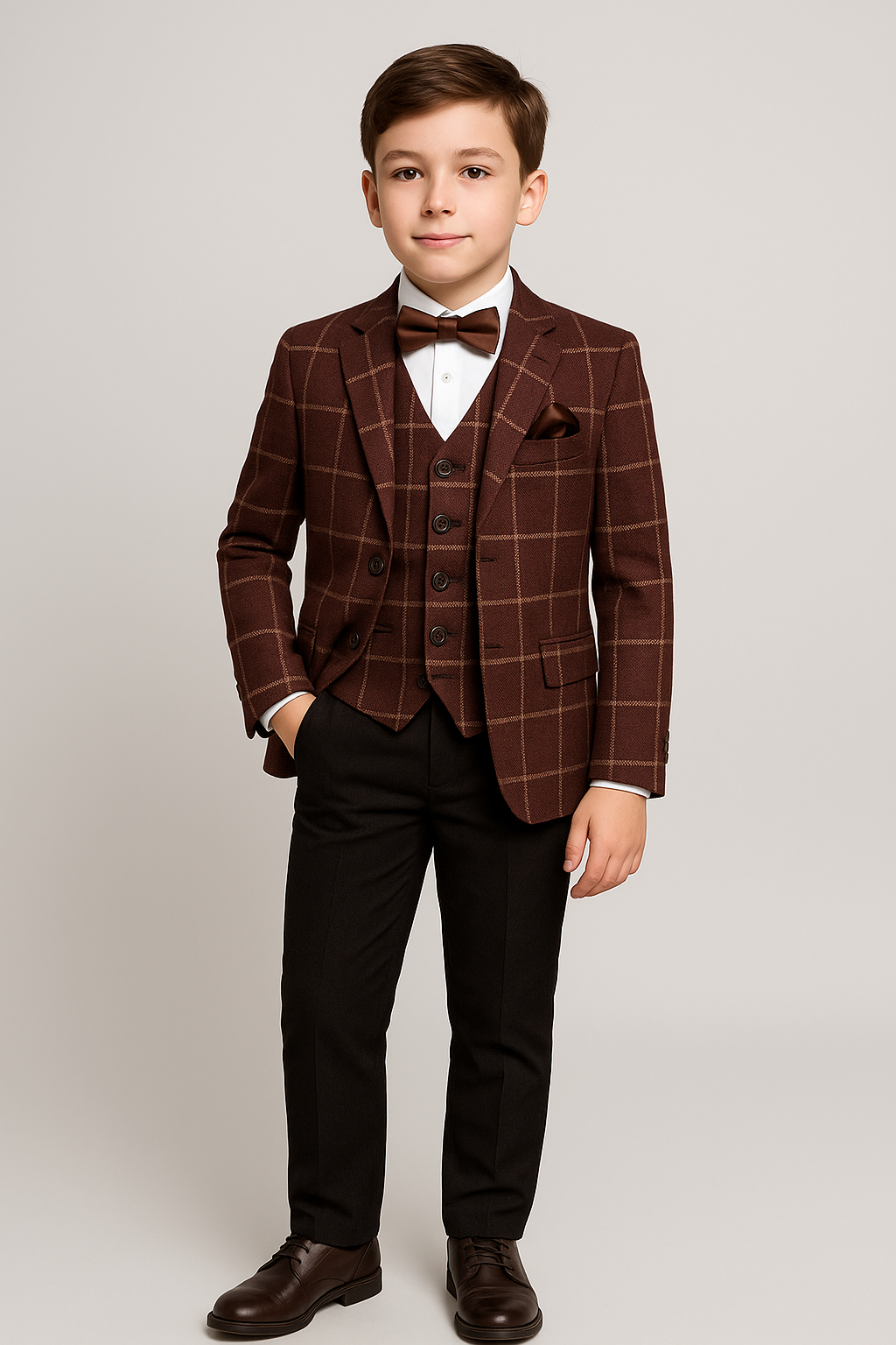 Boys Retro Windowpane Tailored Fit Check Suit - Maroon Model Picture