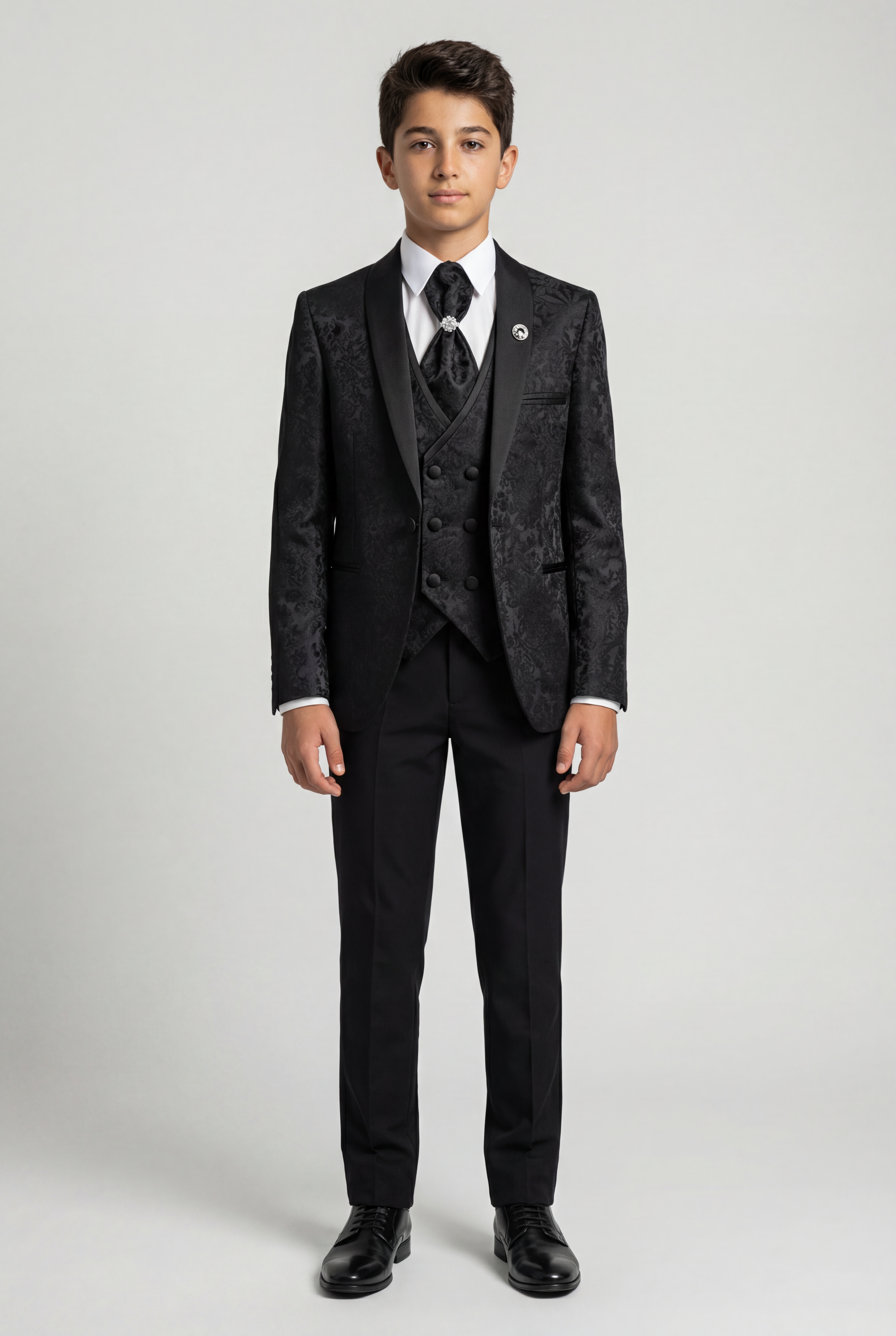 Ensemble smoking pour garçon, revers en satin à motif cachemire et floral - Noir