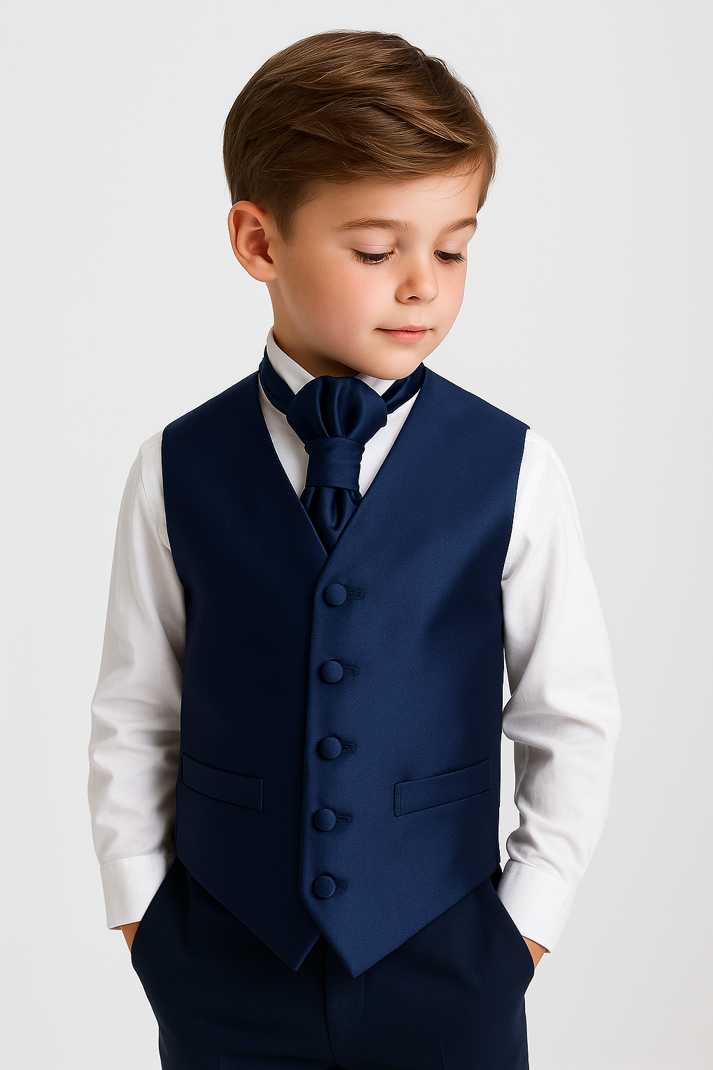 Boys Satin Waistcoat & Cravat Set - Navy Blue  Model Picture
