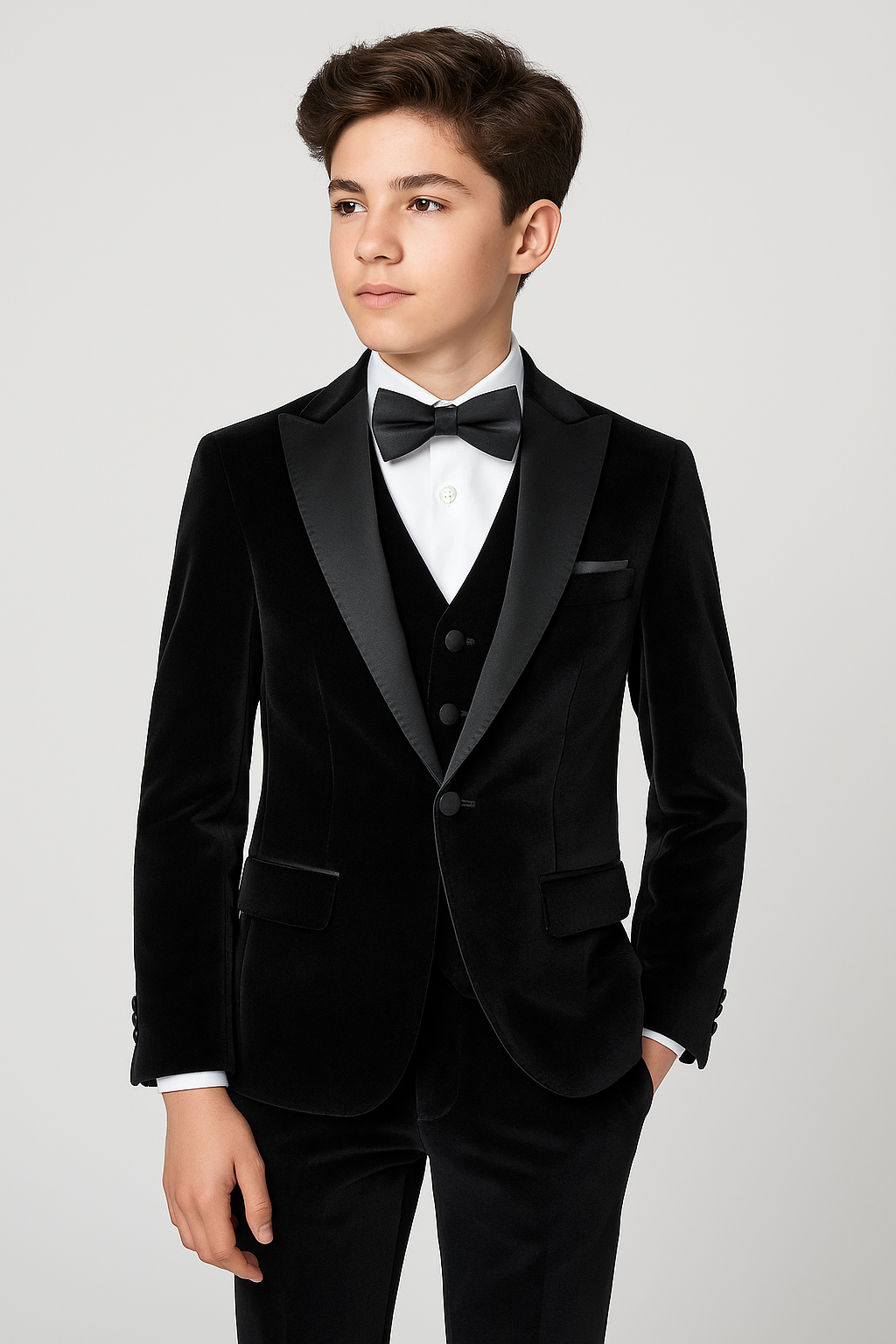 Boys Sheen Lapel Black Velvet Tuxedo Suit - Black Modle Picture