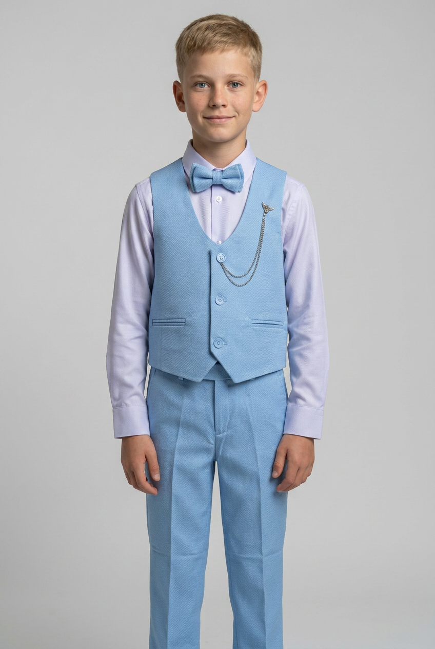 Conjunto de traje con chaleco texturizado ajustado para niños, atuendo formal - Azul bebé