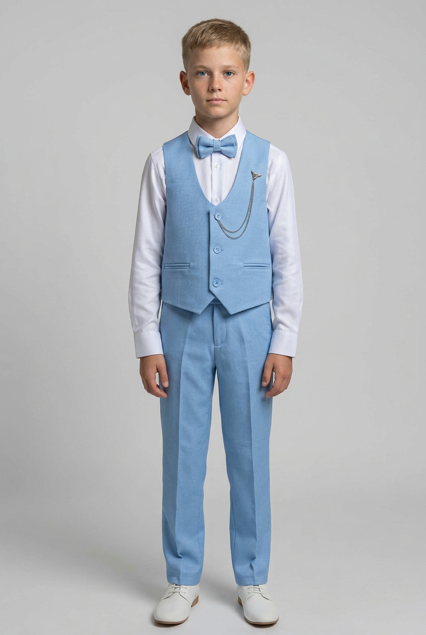 Conjunto de traje con chaleco texturizado ajustado para niños, atuendo formal - Azul bebé