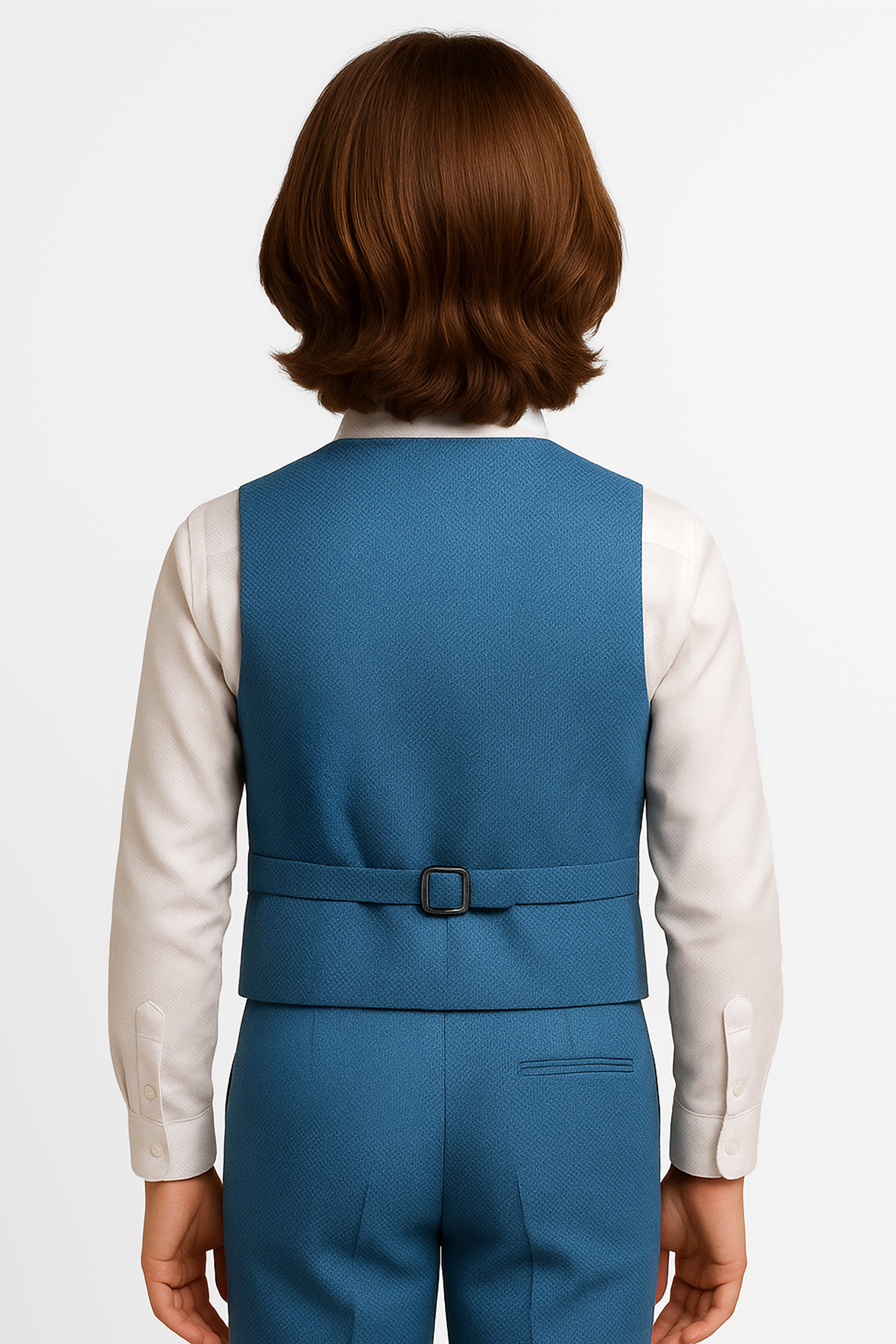 Boys' Slim Fit Textured Waistcoat Suit Set, Formal Outfit - Blue Back picture
