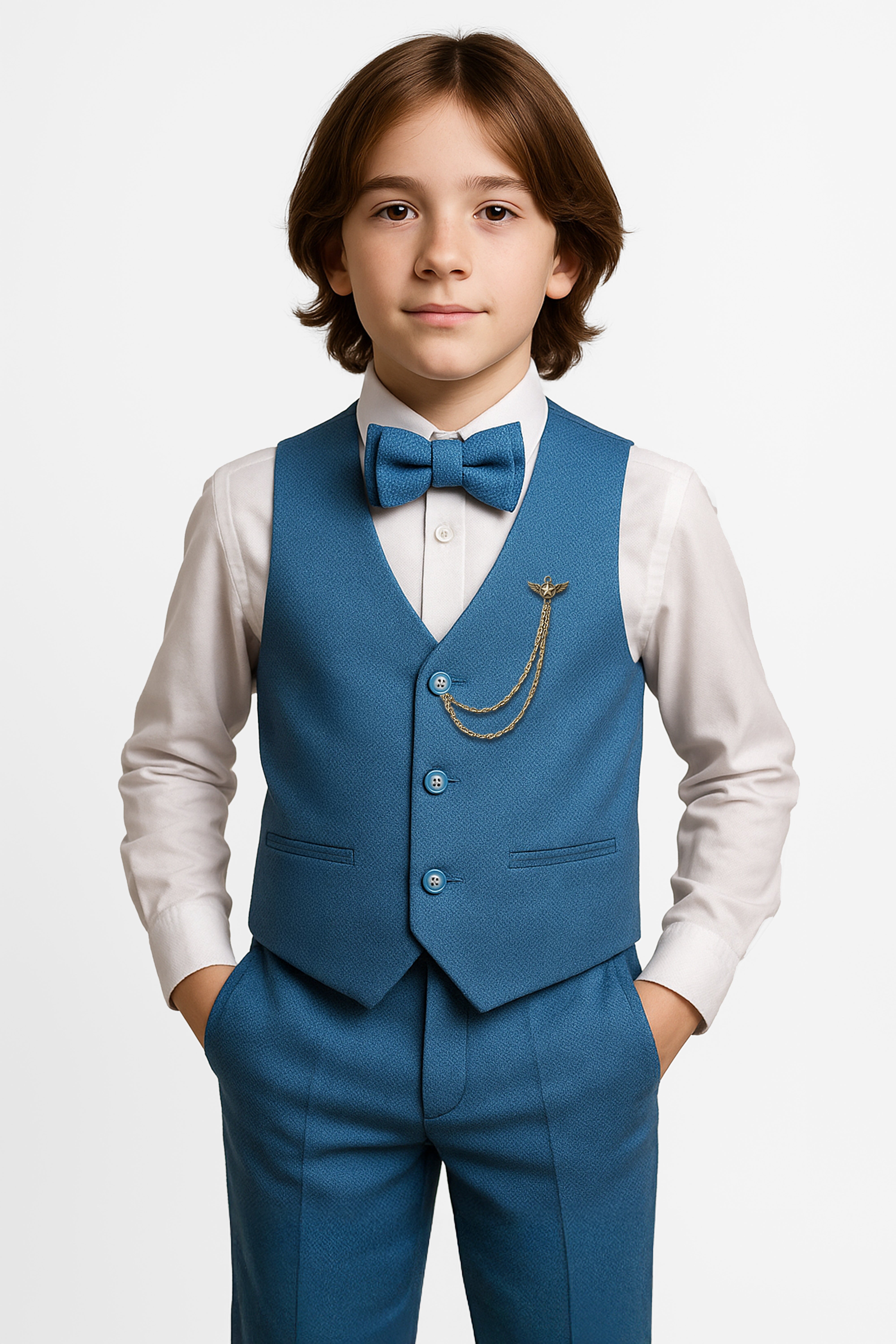 Boys' Slim Fit Textured Waistcoat Suit Set, Formal Outfit - Blue Model Picture