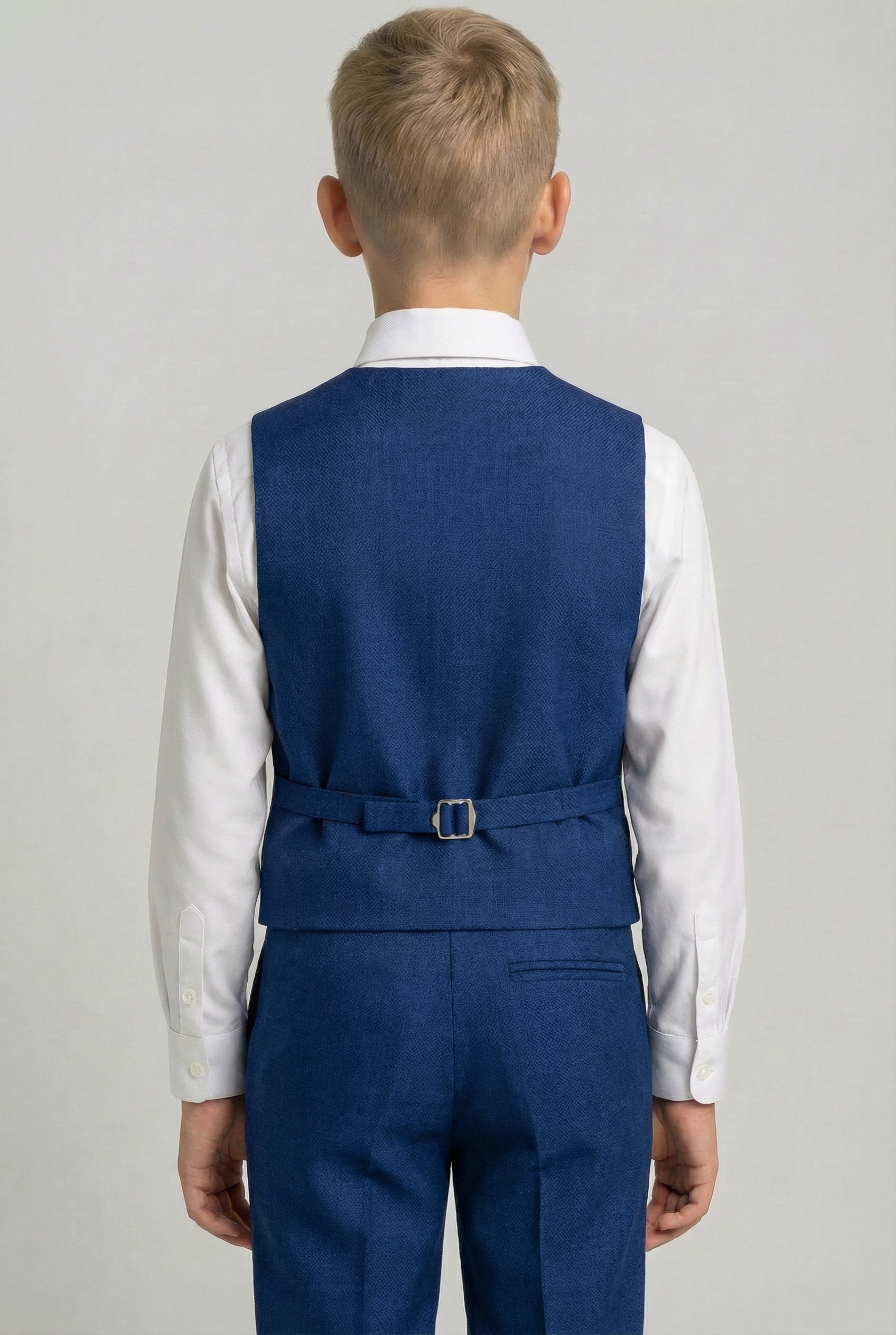 Boys' Slim Fit Textured Waistcoat Suit Set, Formal Outfit - Dark Royal Blue Back picture