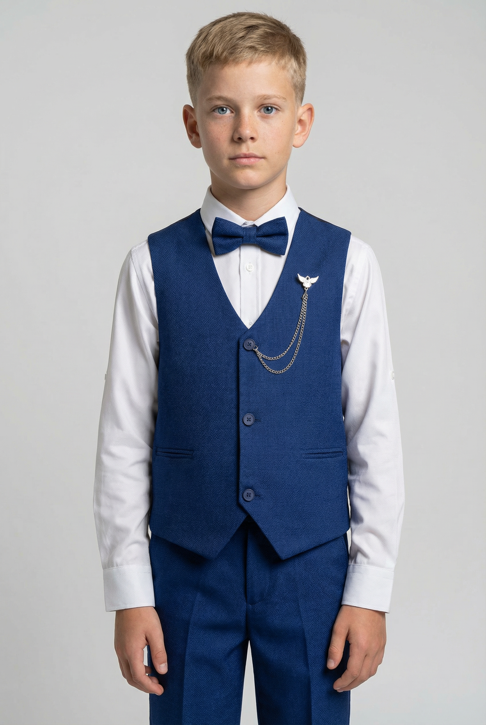 Boys' Slim Fit Textured Waistcoat Suit Set, Formal Outfit - Dark Royal Blue