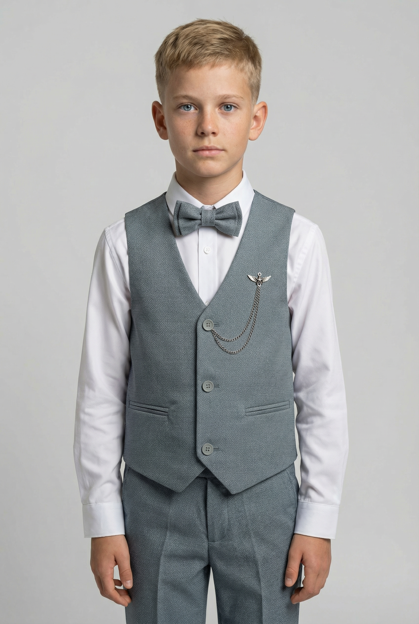 Boys' Slim Fit Textured Waistcoat Suit Set, Formal Outfit - Grey