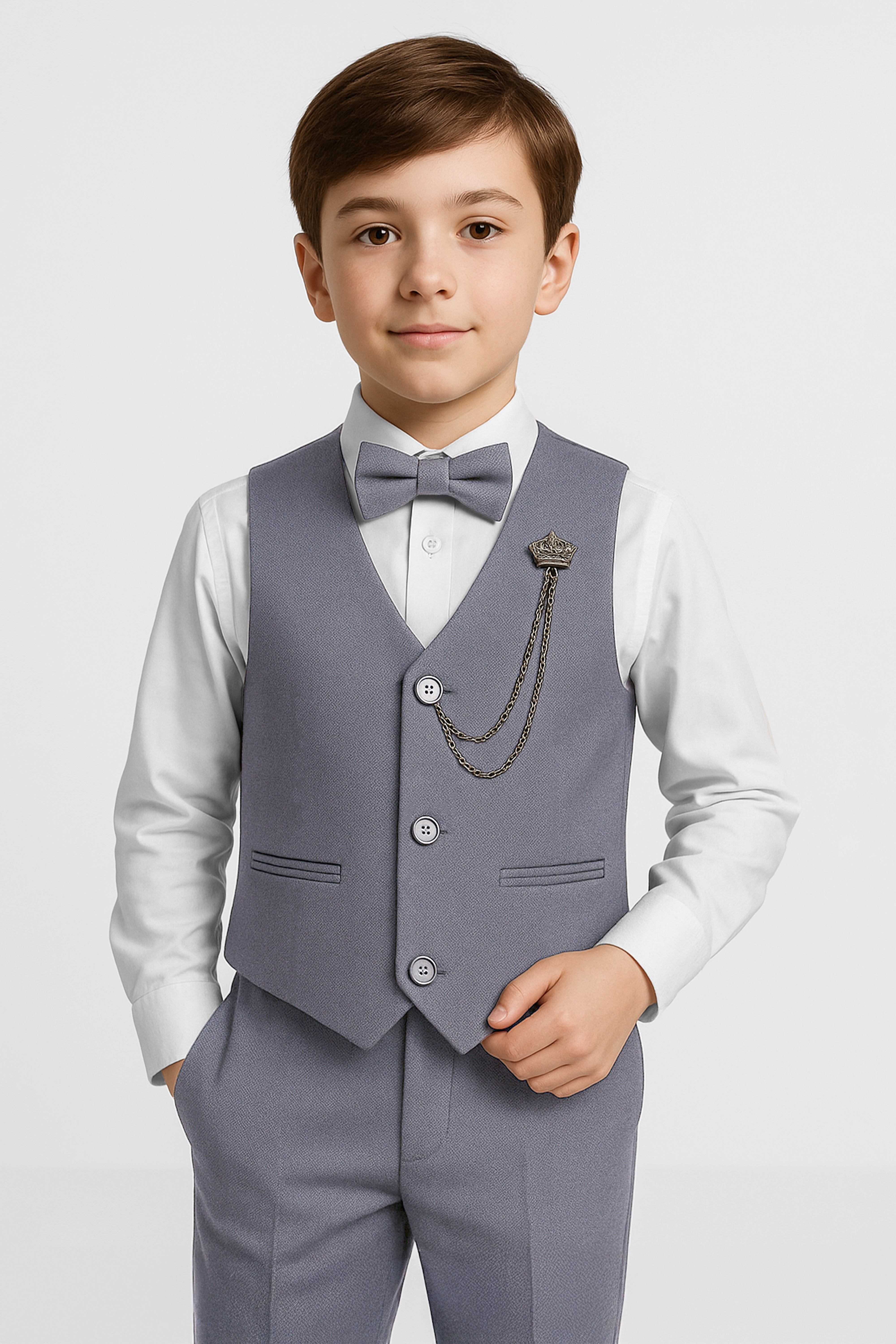 Boys' Slim Fit Textured Waistcoat Suit Set, Formal Outfit - Grey Front Picture
