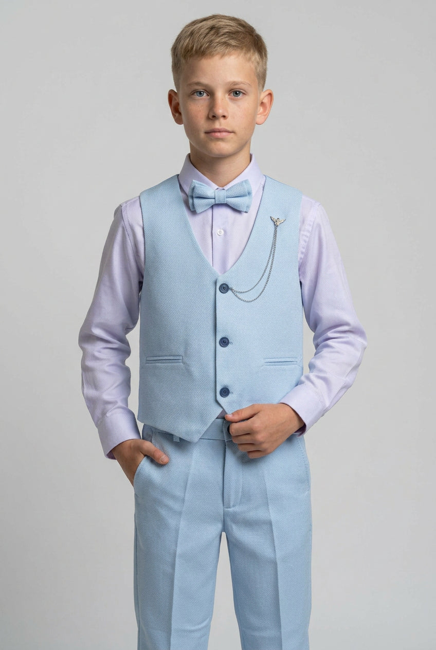 Conjunto de traje con chaleco texturizado ajustado para niños, atuendo formal - Azul claro