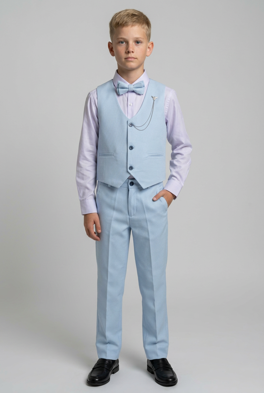 Conjunto de traje con chaleco texturizado ajustado para niños, atuendo formal - Azul claro