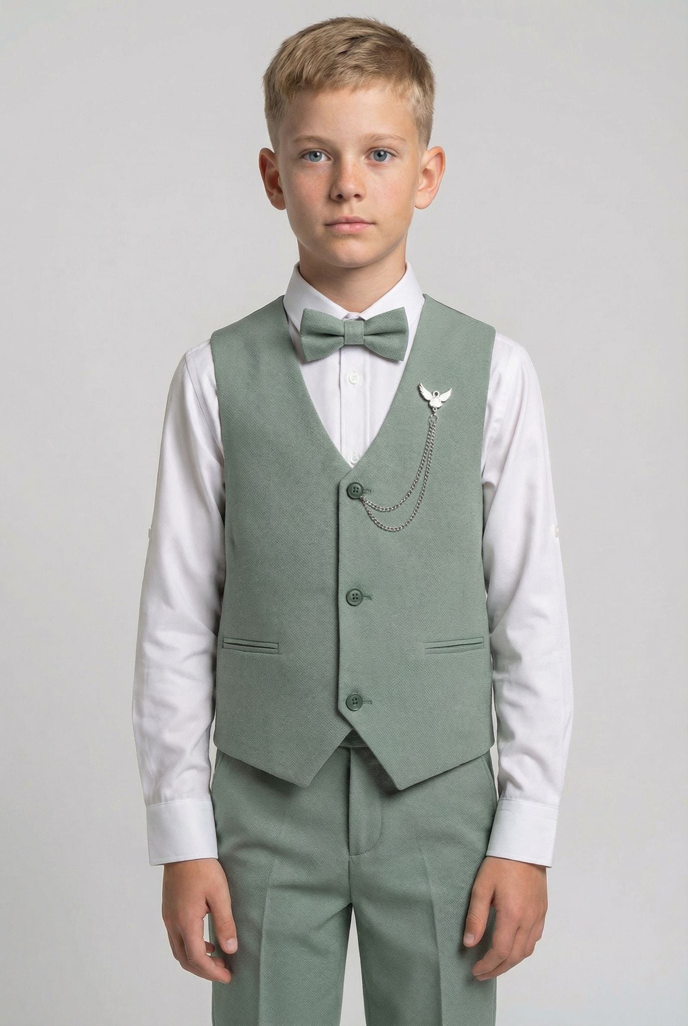 Boys' Slim Fit Textured Waistcoat Suit Set, Formal Outfit -  Sage Green