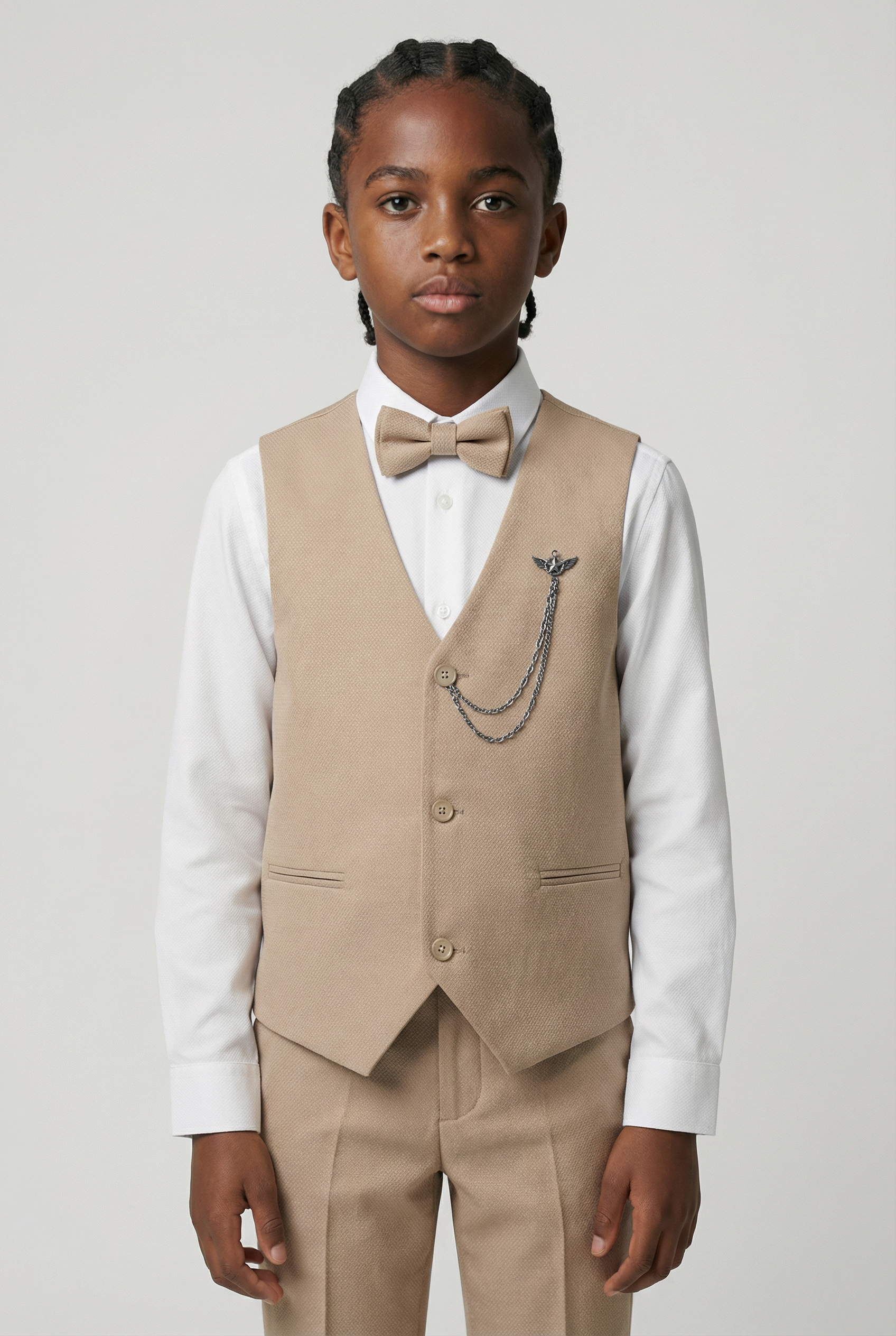 Jungen Schlanker Schnitt Strukturierte Weste Anzug Set, Formelle Kleidung - Hellbraun