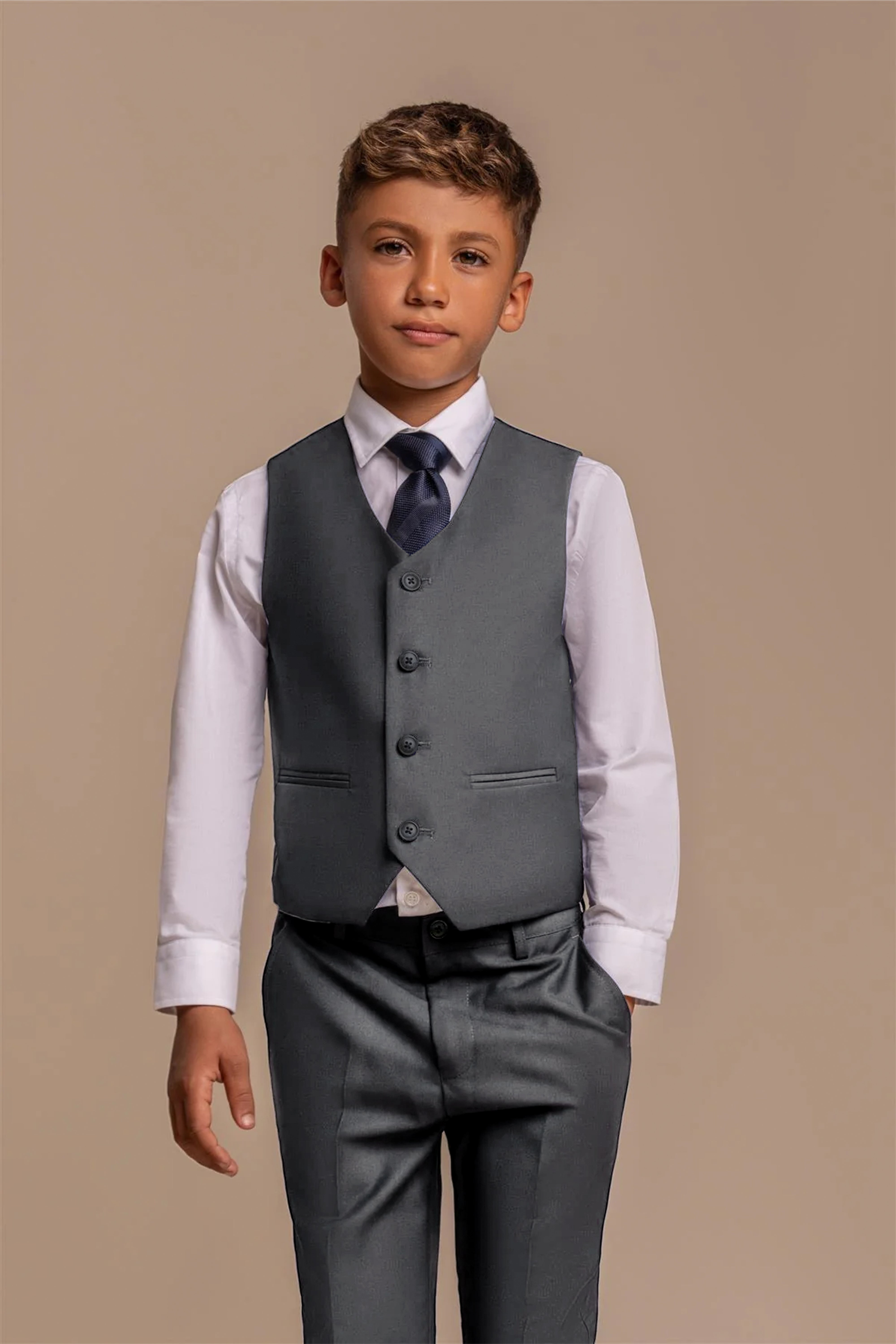 Boys Slim Fit Dark Grey Suit - VERONA - Charcoal Grey Waistcoat Picture