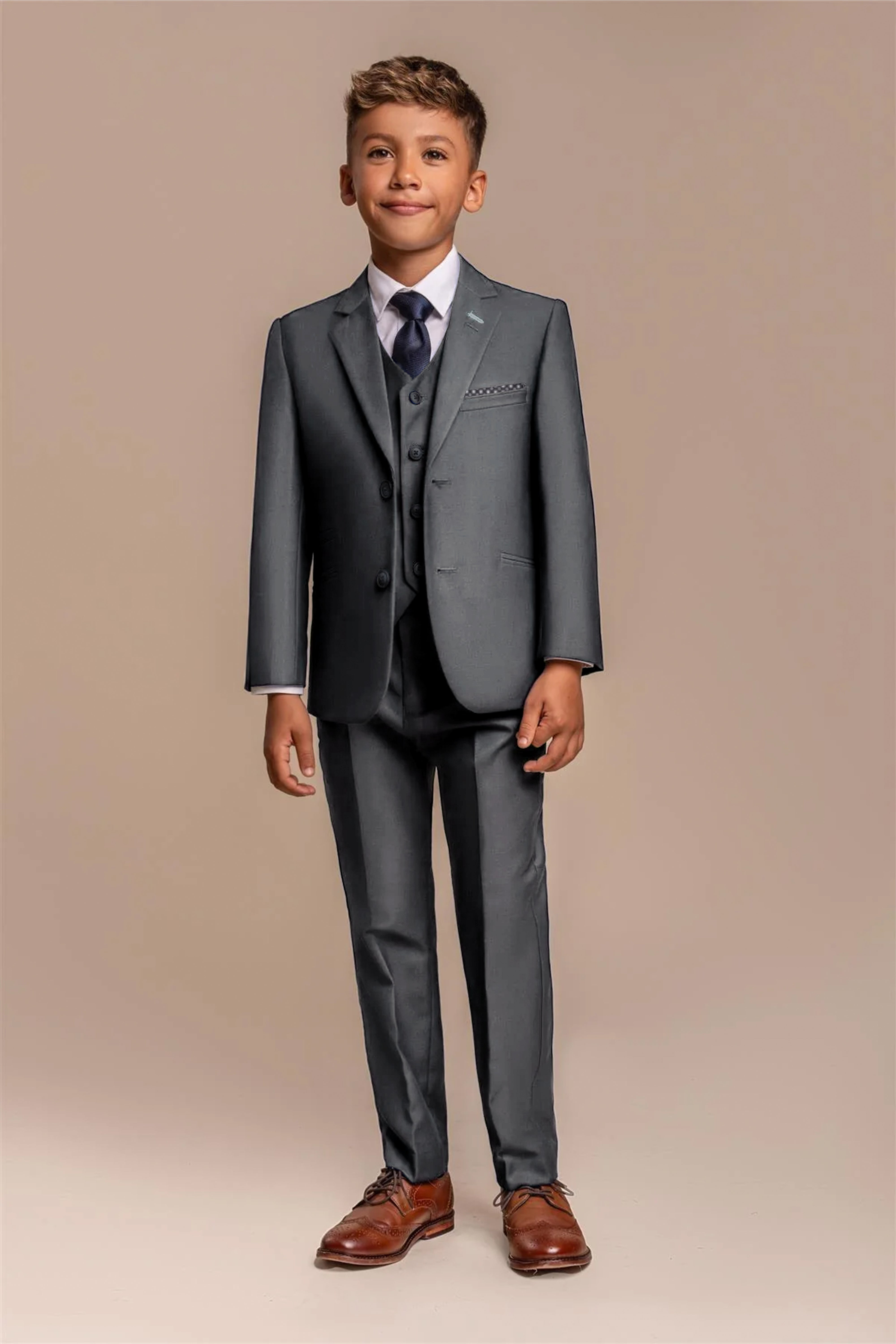 Boys Slim Fit Dark Grey Suit - VERONA - Charcoal Grey Model Front Picture