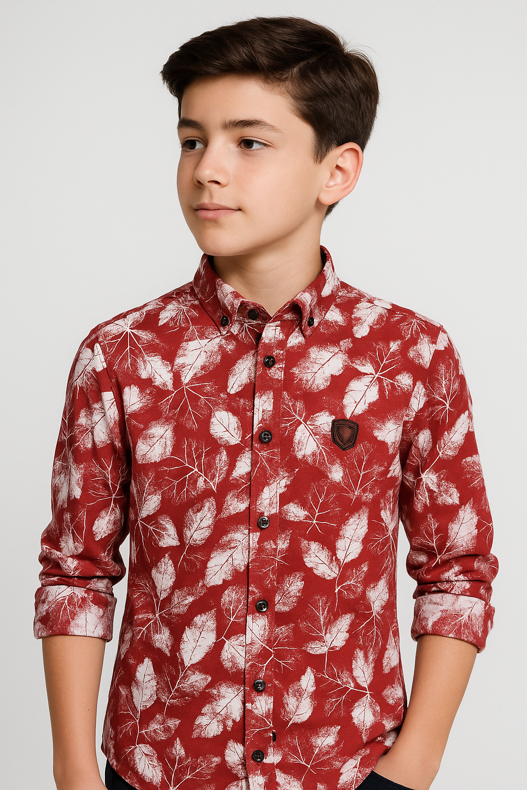 Jungen Slim Fit Blattdruck Modehemd - Burgunder - Weiß
