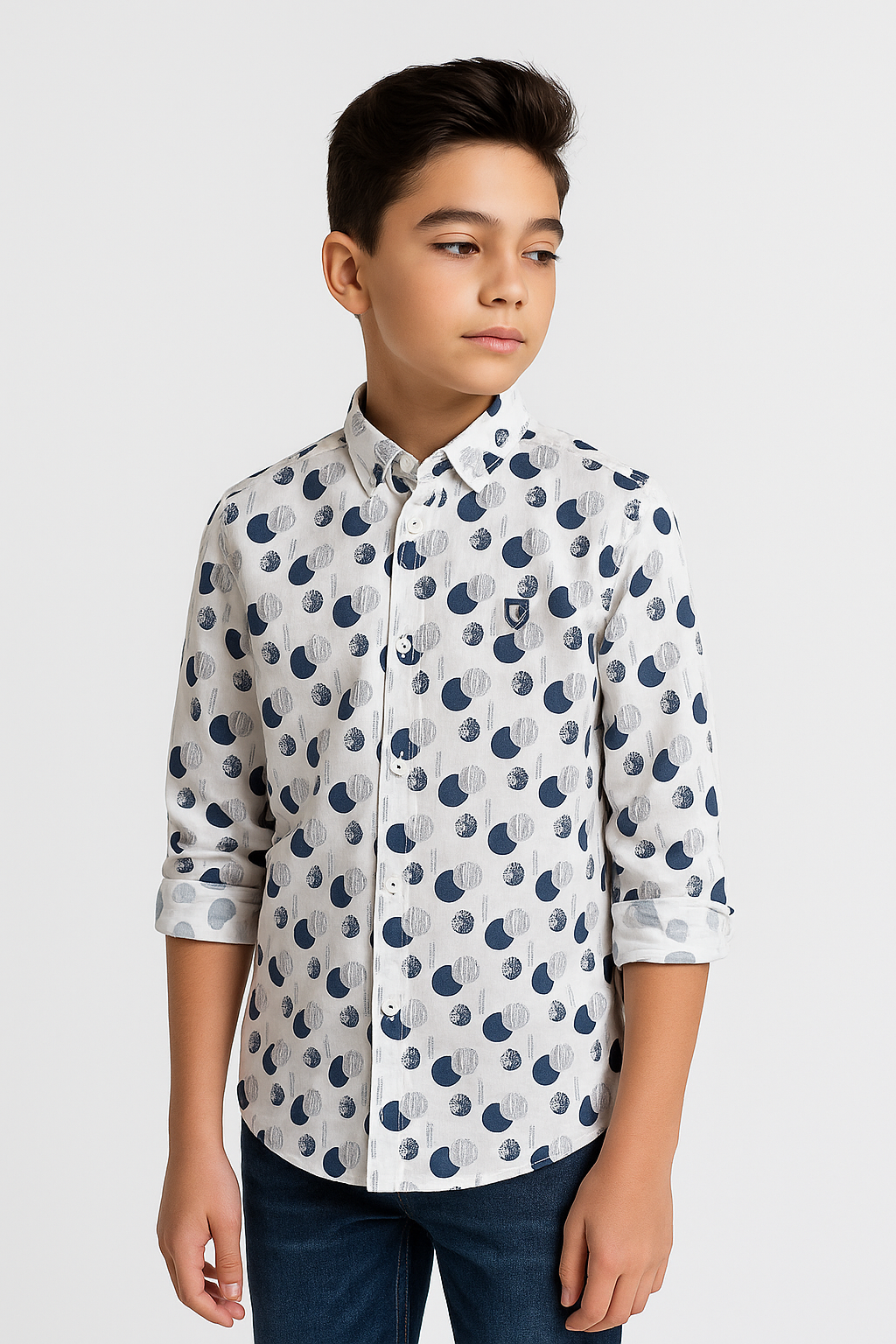 Jungen Slim Fit Gemustertes Druckcasualhemd - Marineblau - Weiß