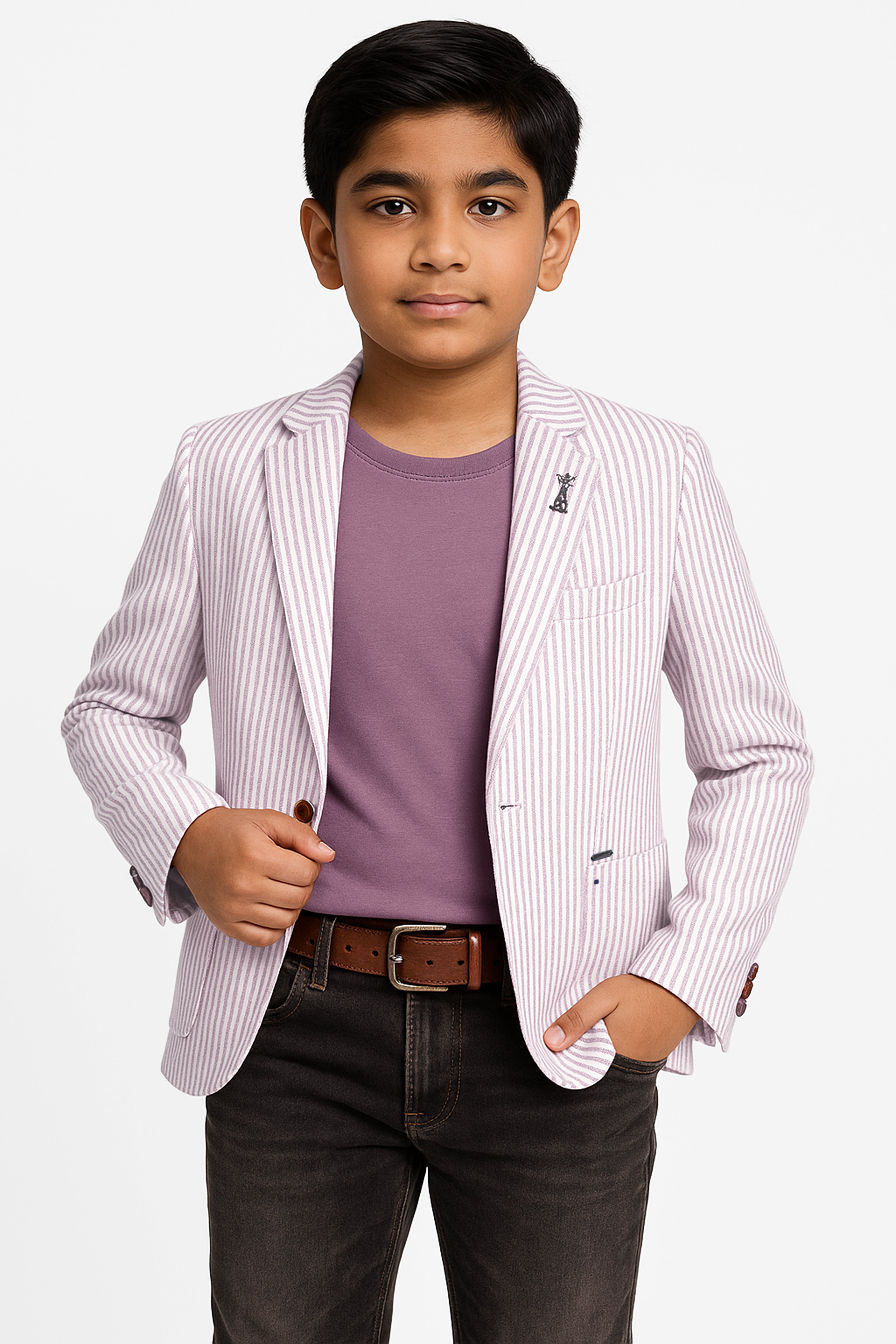 Boys Slim Fit Pinstripe Boating Blazer - Burgundy Model Picture