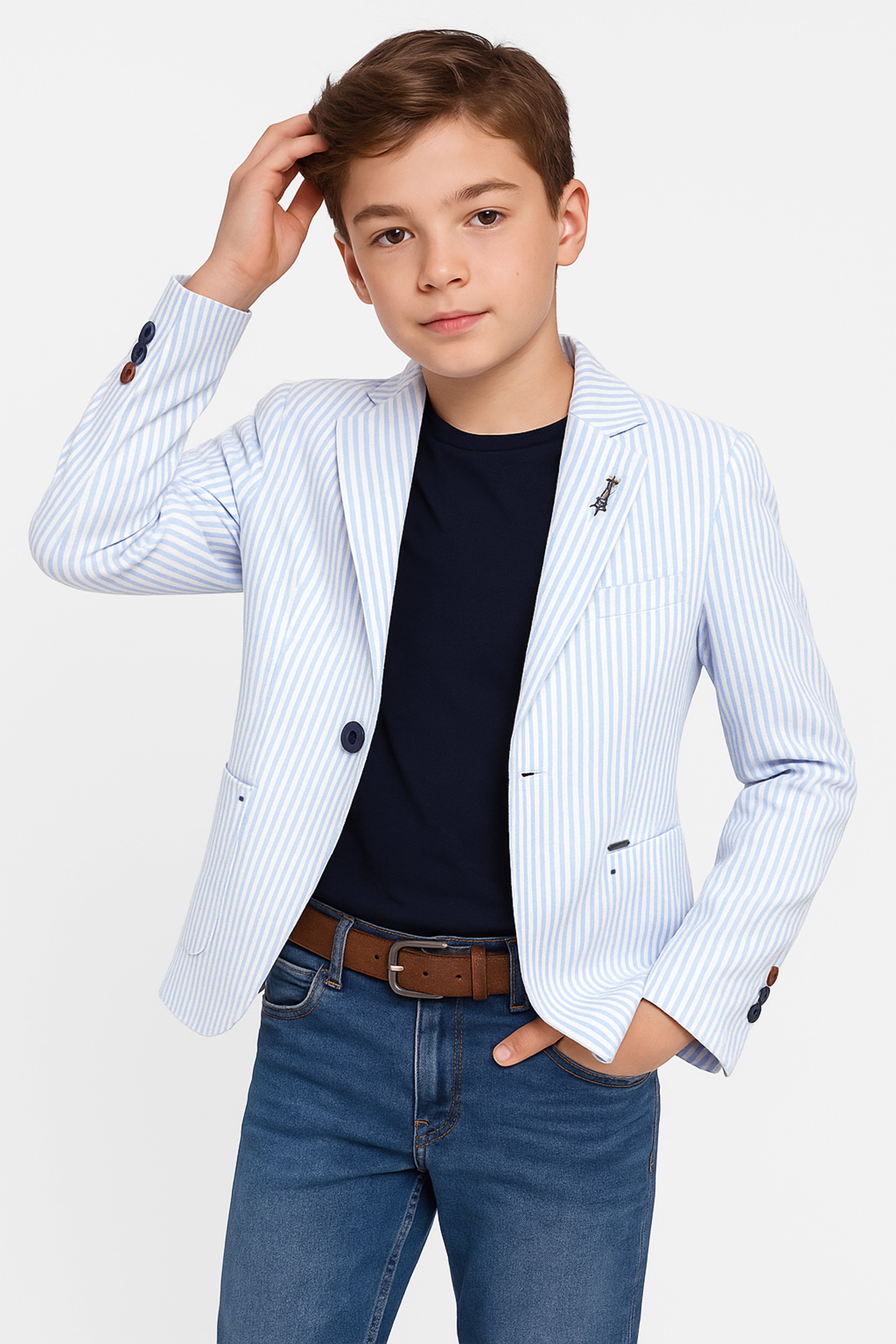 Boys Slim Fit Pinstripe Boating Blazer - Sky Blue Model Picture