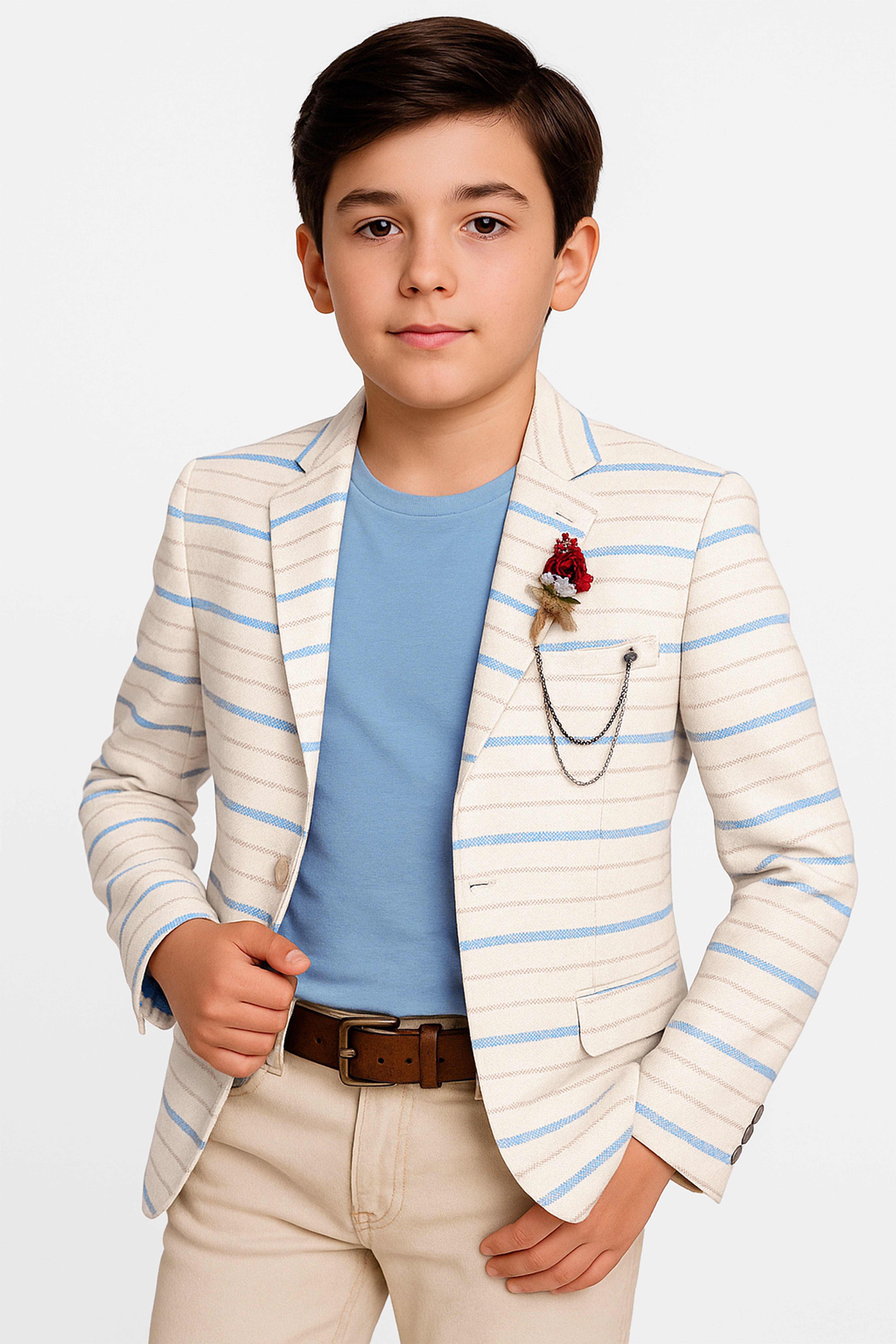 Boys Slim Fit Striped Blazer - Beige - Blue Model Picture