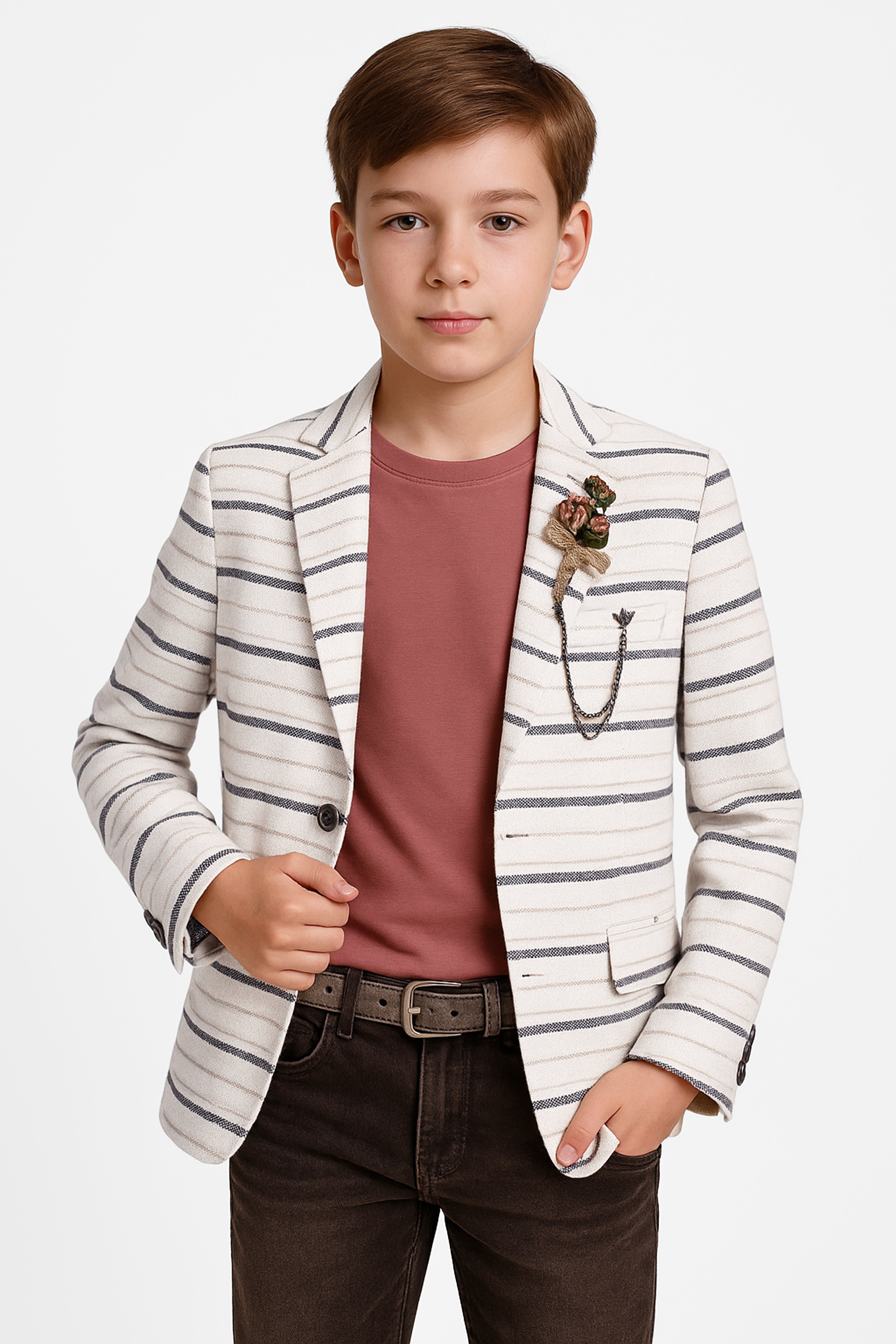 Boys Slim Fit Striped Blazer - Beige - Navy Blue Model Picture