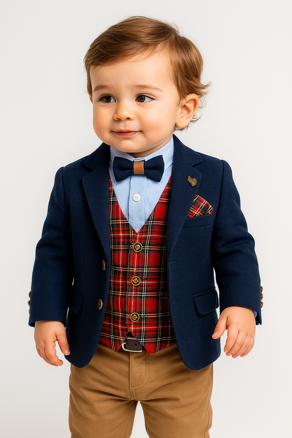 Jungen Slim Fit Anzug mit Karo Westen-Set - Navyblau