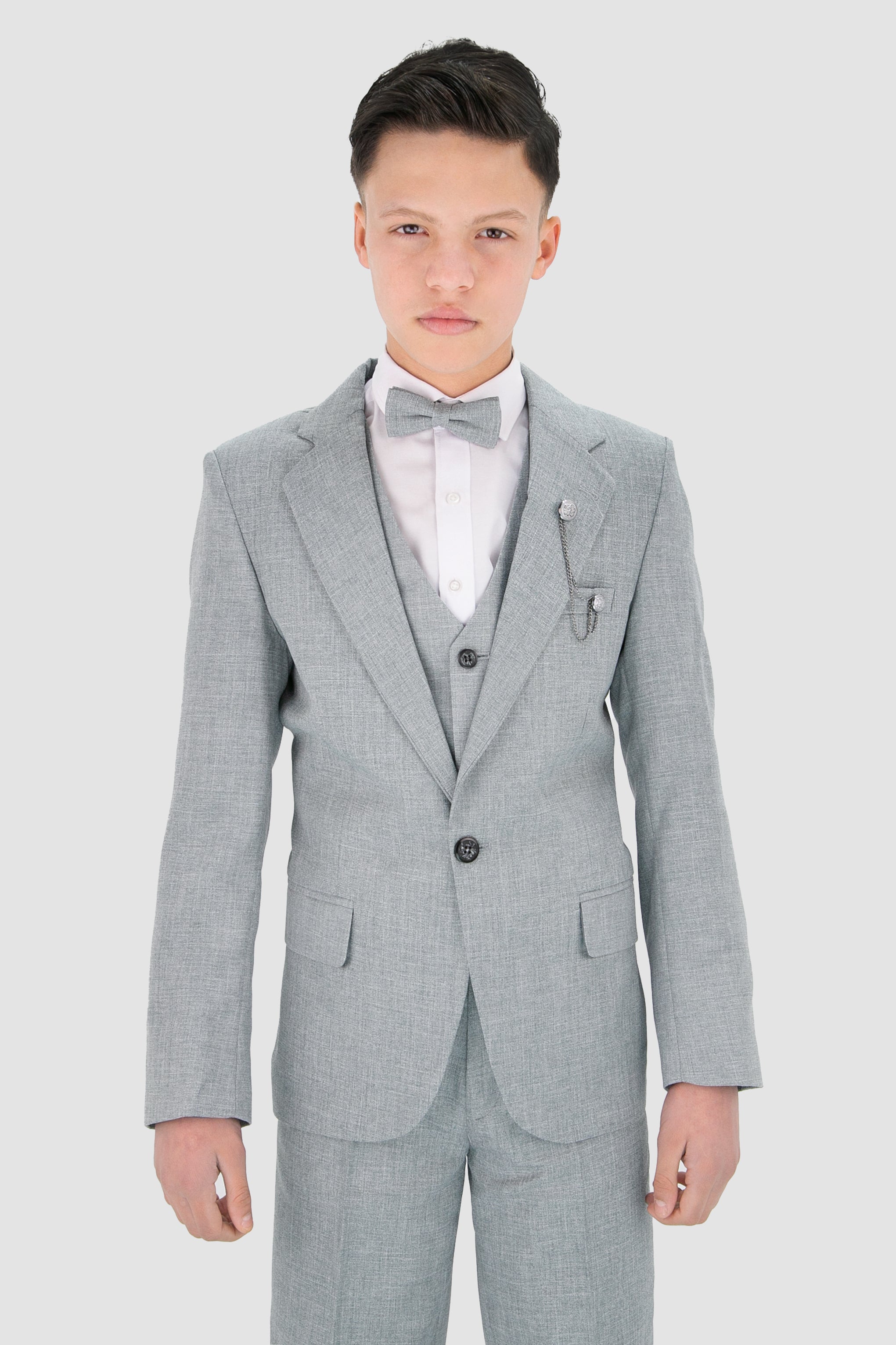 Boys Slim Fit Textured 8-Piece Formal Suit Set - Slate Grey  Model Front Picture with Accessories