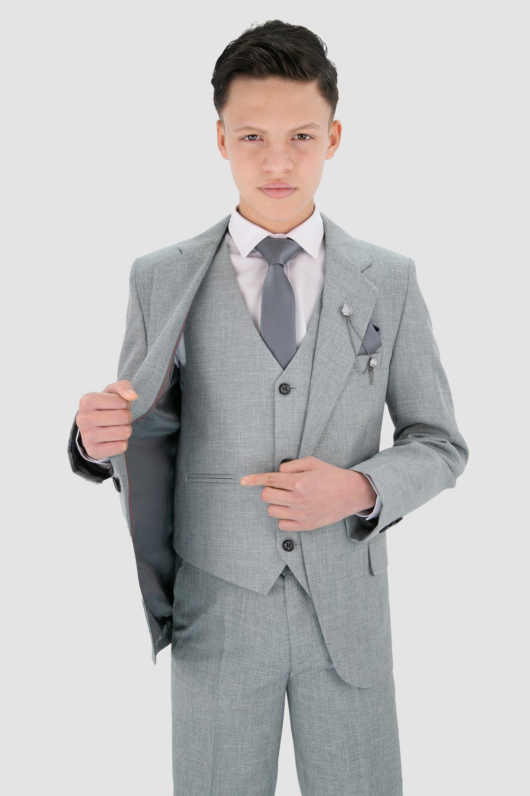 Boys Slim Fit Textured 8-Piece Formal Suit Set - Slate Grey  Linning Picture