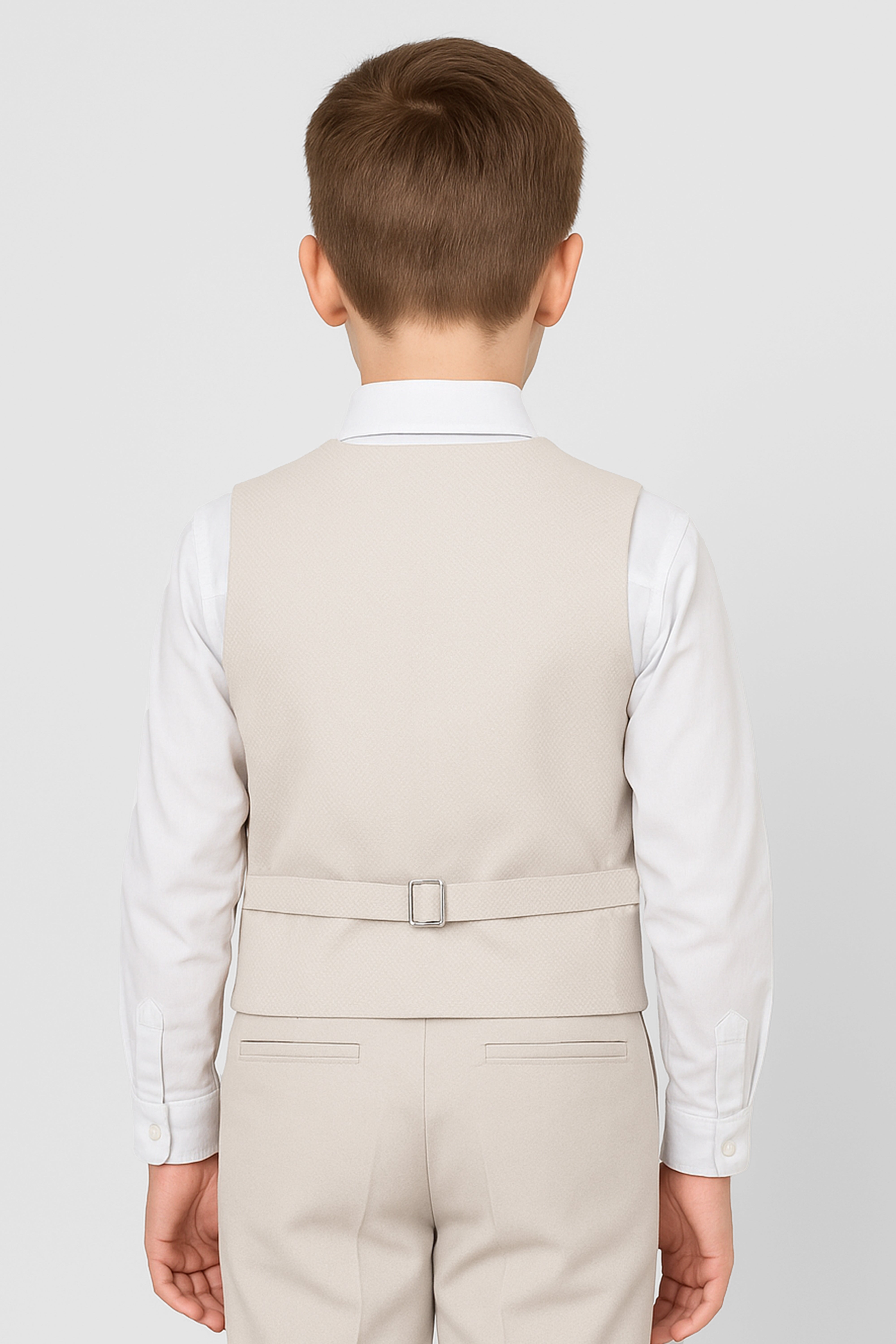 Boys' Slim Fit Textured Waistcoat Suit Set, Formal Outfit - Beige Back Picture
